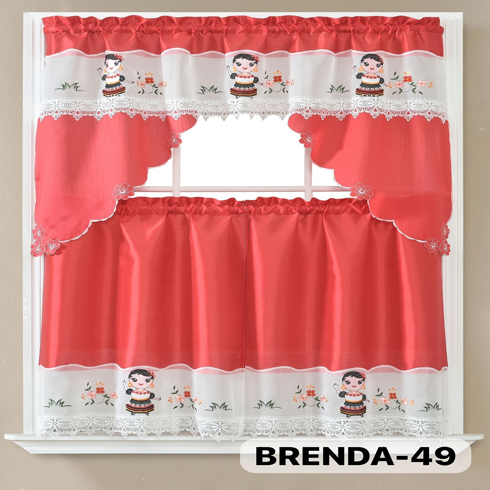 3pcs Embroidery Kitchen Curtains Set Flowers Embroidery Satin Fabric Faux Lightweight Soft Easy Care Machine Washable 49 Design Styles Available Holiday Gifts for Family Local Warehouse All Season Use Summer