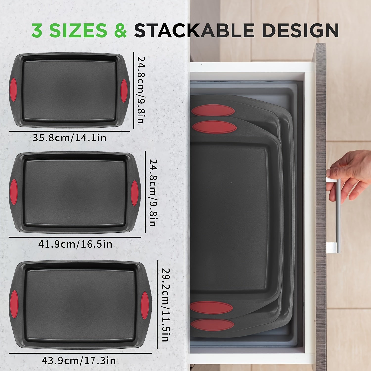 3-4pcs Non-stick Kitchen Oven Baking Pan - High Quality Stylish Non-stick Steel, Commercial Grade Restaurant Quality Metal Baking Pan Including Large, Medium And Small Pans For Baking And Baking With Red Silicone Handles - Easy To Clean, Black