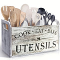 Extra Large Rustic Wooden Utensil Organizer - 3-Compartment Countertop & Wall-Mounted Storage Box for Cooking/Baking Tools, Heavy-Duty Kitchen Rack with Multi-Functional Design (Natural Wood)