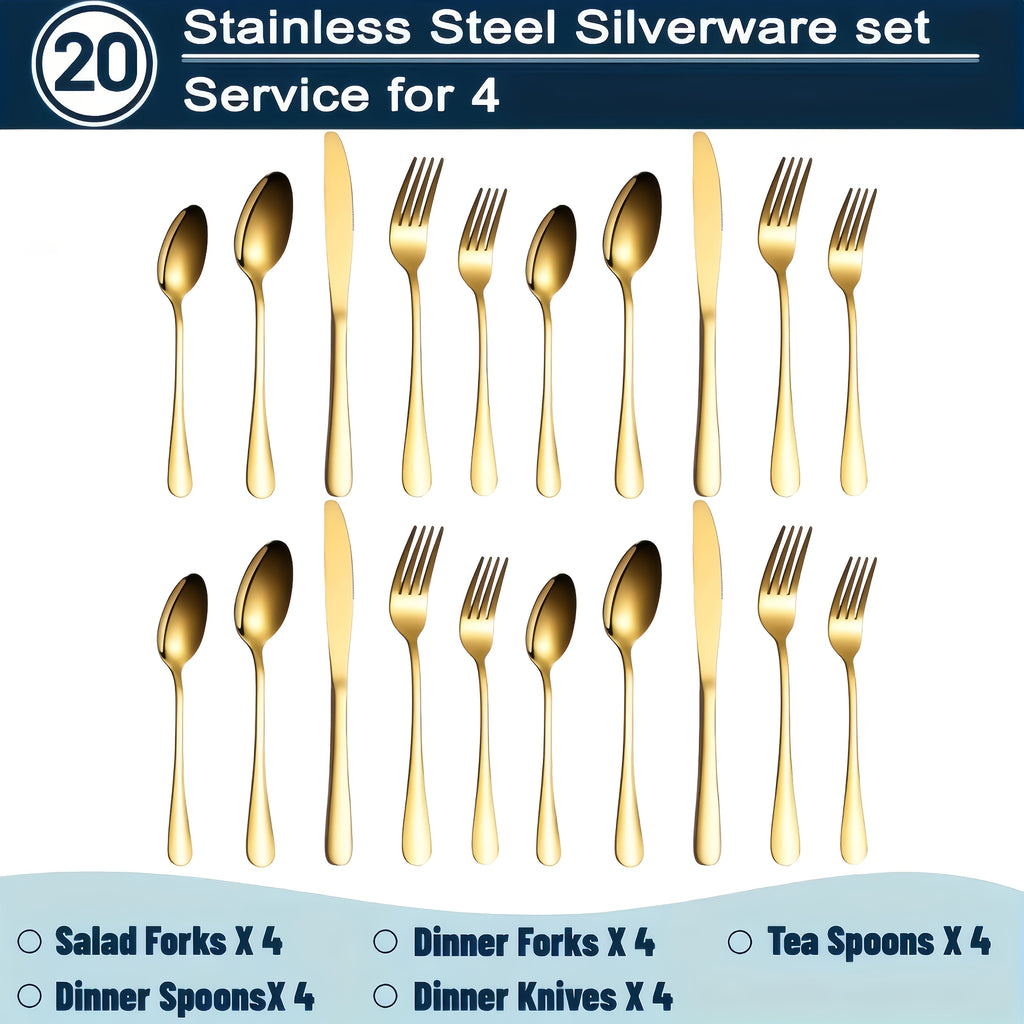 60/20pcs Stainless Steel Golden Silverware Set - Heavy Duty Commercial Silverware for Restaurants, Weddings And Home Dishwasher Safe, Rust-Proof, Non-Toxic Bulk Kitchen Tableware with Gift Box The Best Gifts for Thanksgiving And Christmas