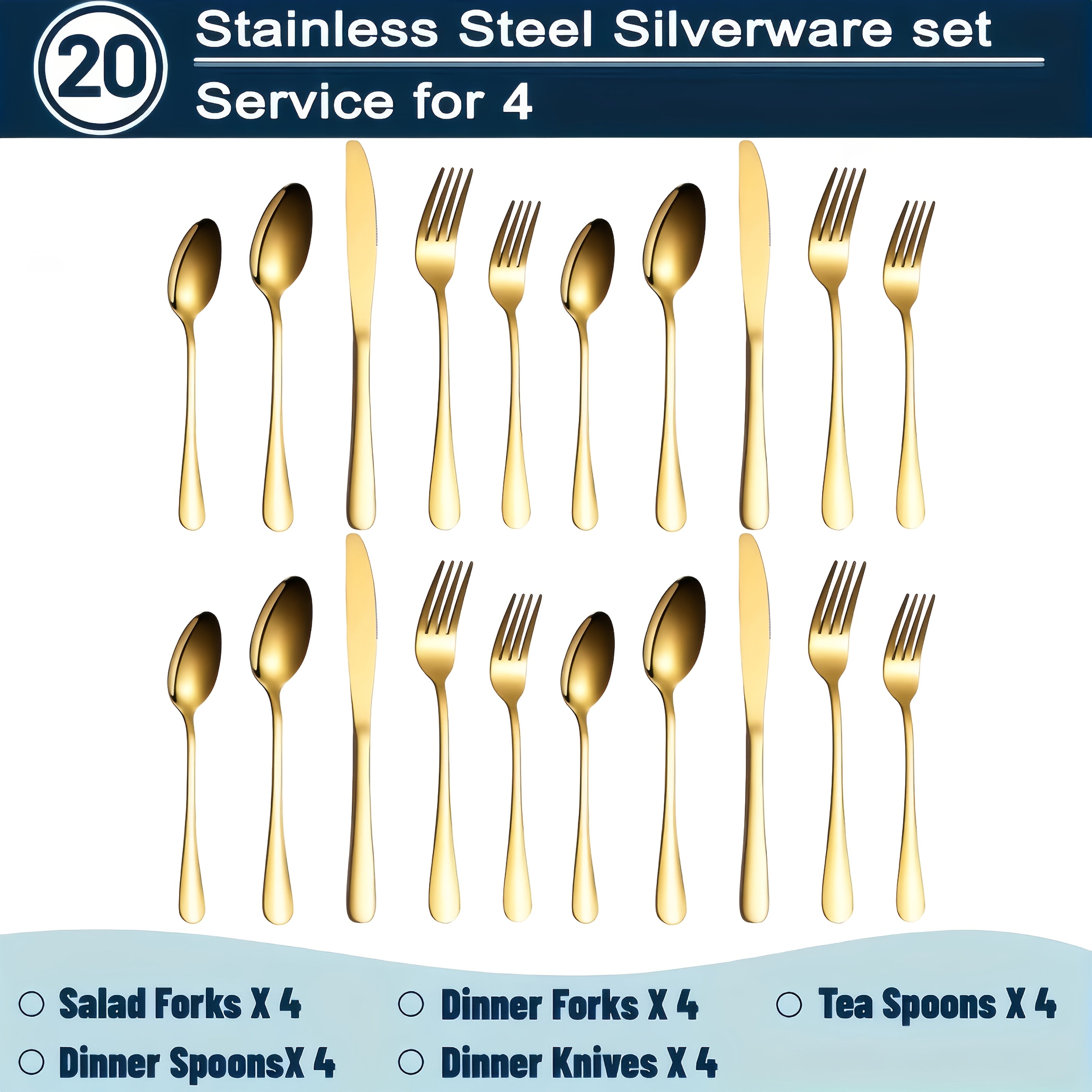 60/20pcs Stainless Steel Golden Silverware Set - Heavy Duty Commercial Silverware for Restaurants, Weddings And Home Dishwasher Safe, Rust-Proof, Non-Toxic Bulk Kitchen Tableware with Gift Box The Best Gifts for Thanksgiving And Christmas
