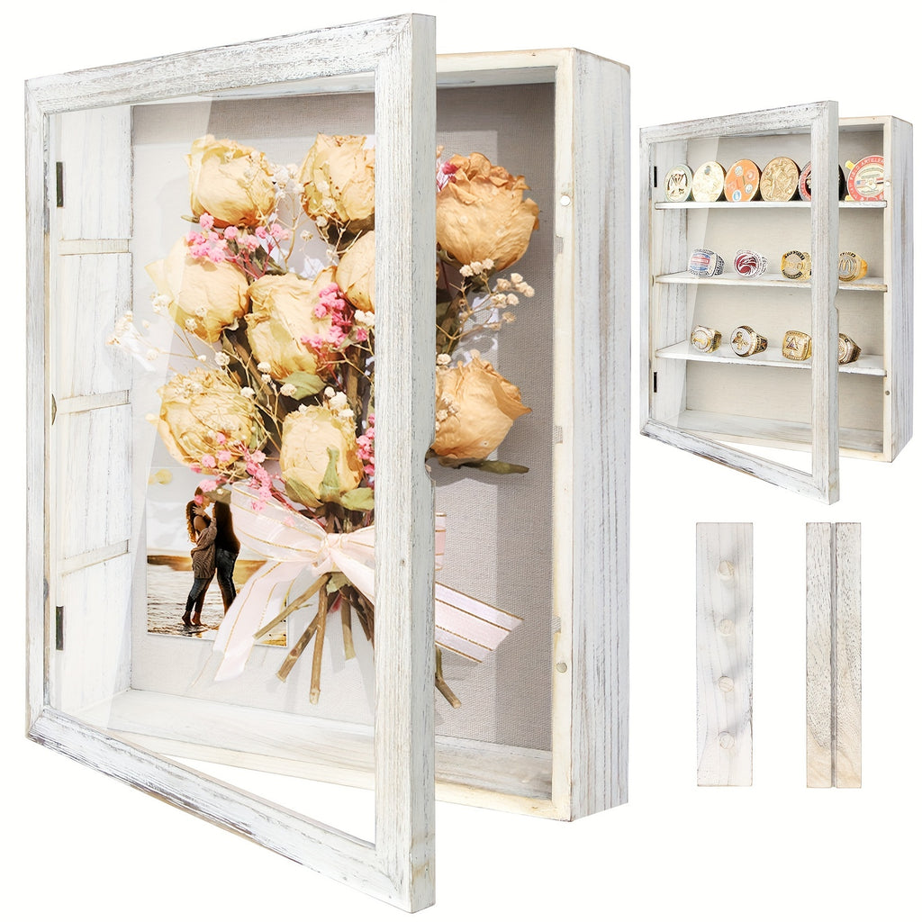 Large 11x14 Country Memory Display Box for Flowers, Pictures, Championship Rings, Medals, Coins, and Pin Collections - Includes 4 Removable Shelving Shadow Box Frames with Linen Back