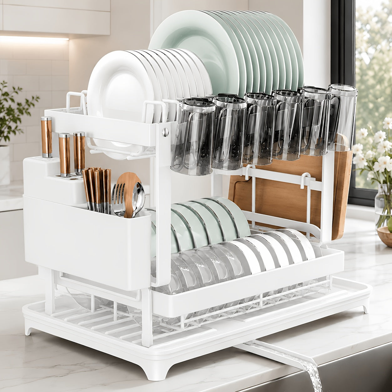 Two-Level Dish Drying Rack For Kitchen Surfaces, Kitchen Organizers And Storage, Dish Drainer With A Drainboard, Kitchen Accessories, Metal Kitchen Dish Holder With Drainage, Two-Tier Kitchen Drying Rack, Black Dish Holders