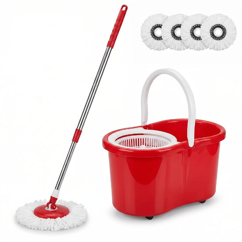 Spin Mop Bucket System with Wringer, Compact Mop and Bucket Set with 4 Microfiber Replacement Heads and 42" Adjustable Handle
