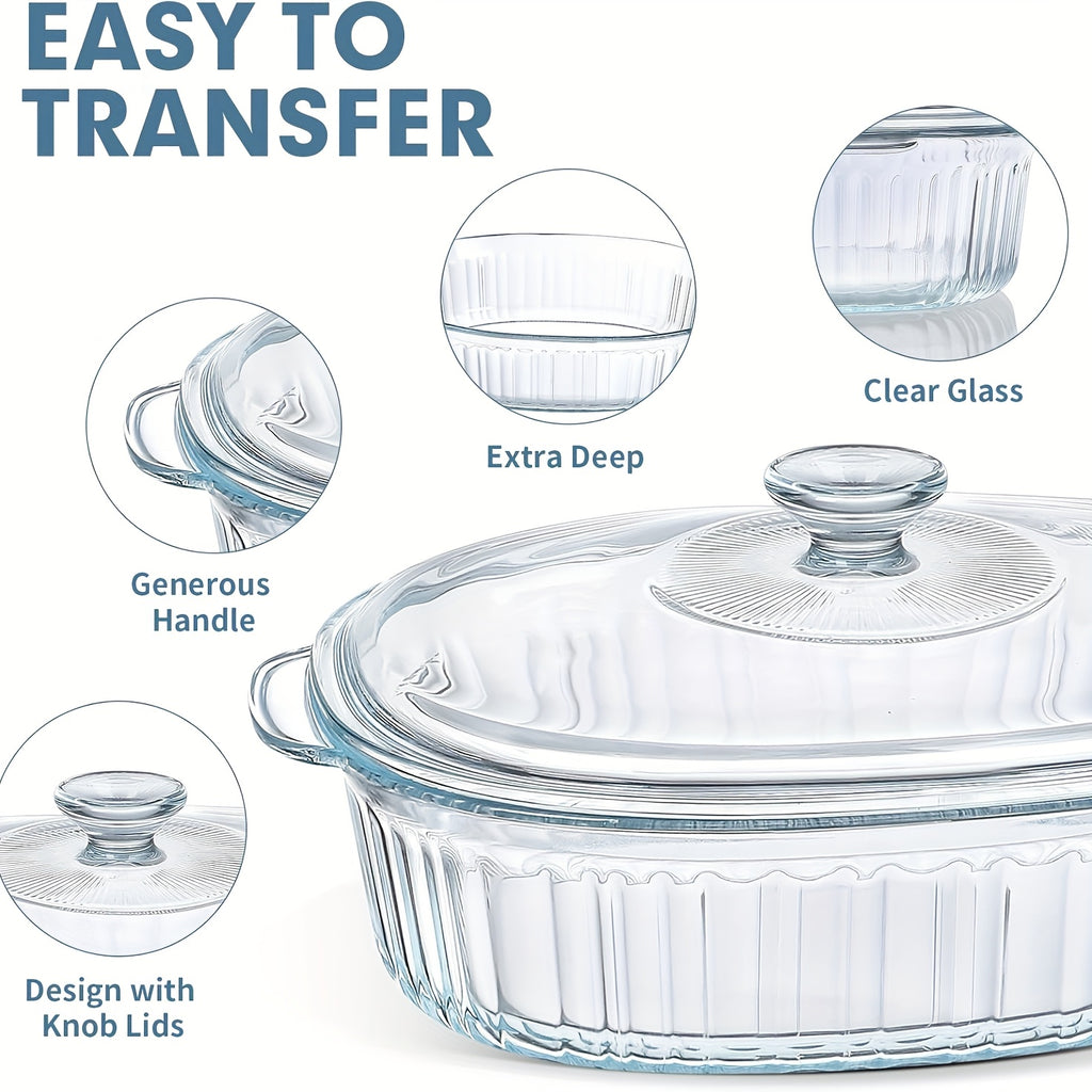 Oval Glass Casserole Dish with Lid Set - 50oz & 85oz, Oven & Microwave Safe, Perfect for Baking, Cooking, Pasta, Chicken, and Desserts