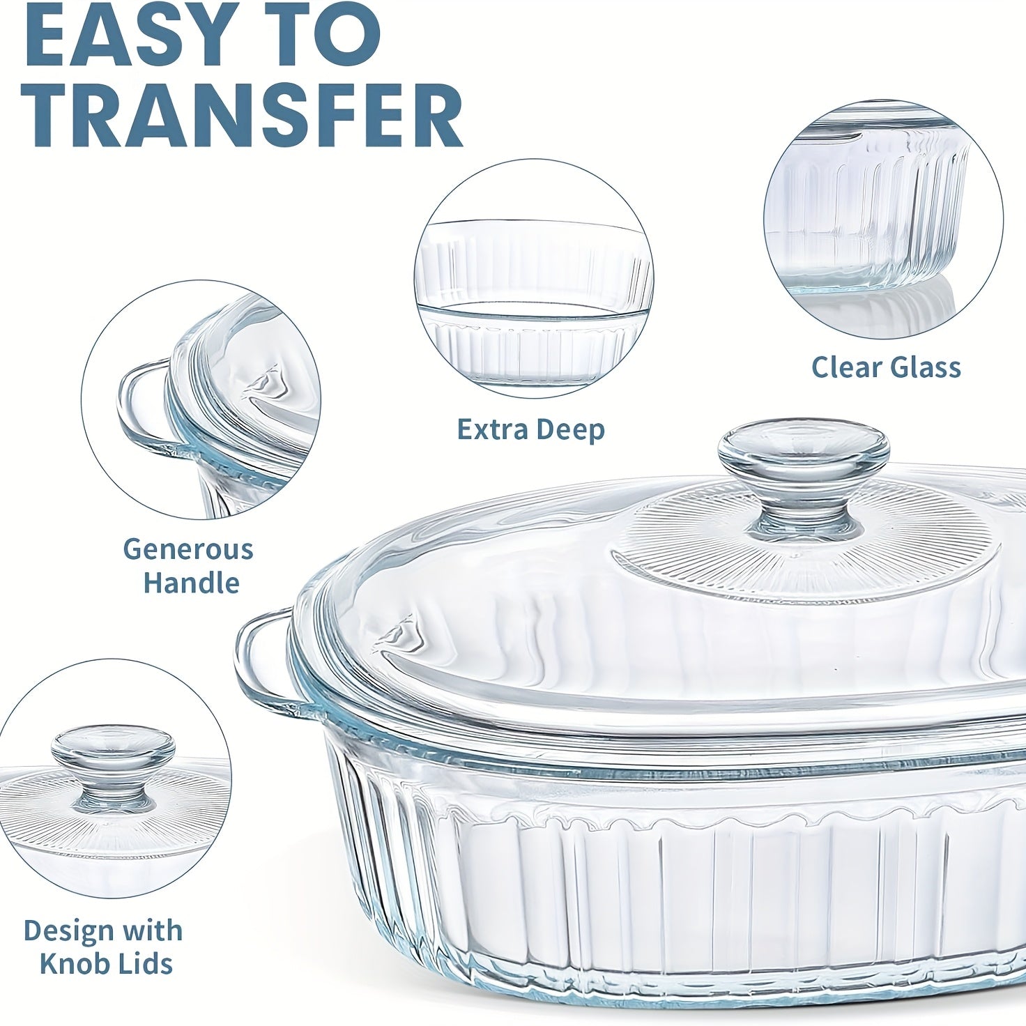Oval Glass Casserole Dish with Lid Set - 50oz & 85oz, Oven & Microwave Safe, Perfect for Baking, Cooking, Pasta, Chicken, and Desserts
