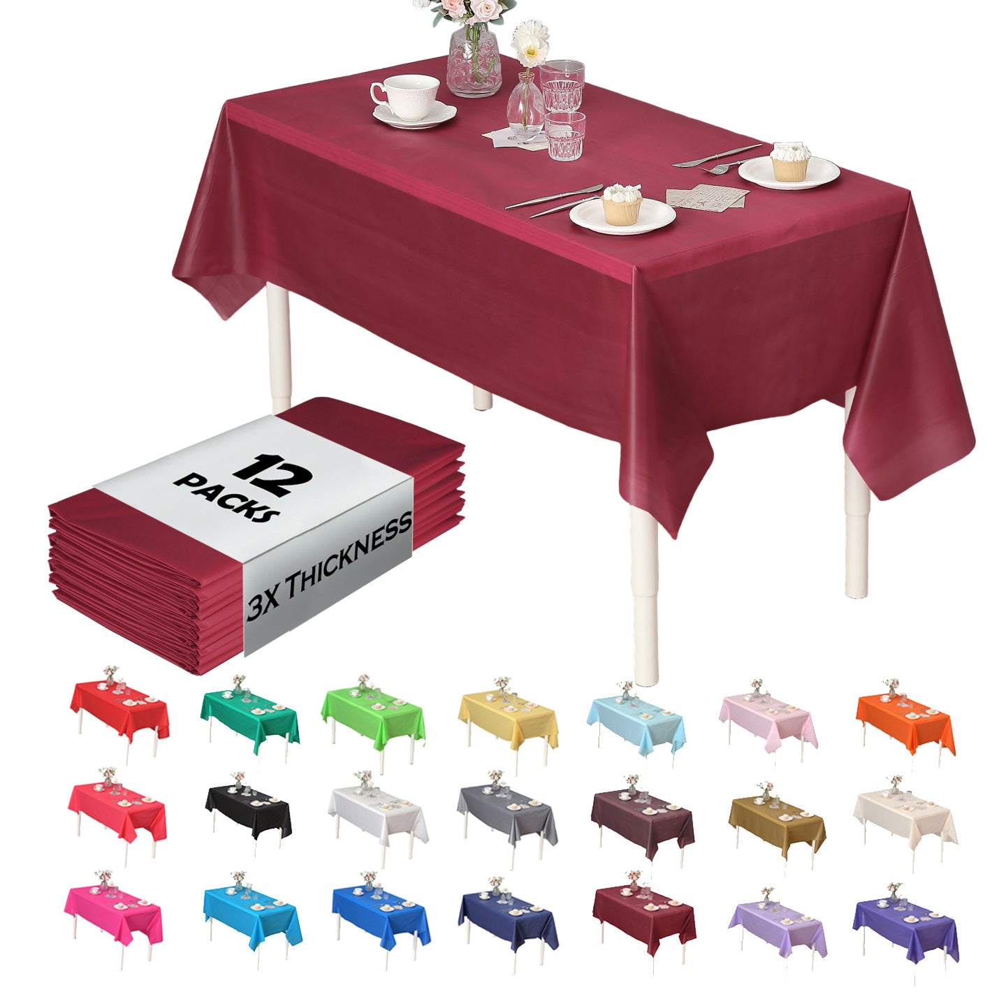 Heavy Duty Premium 12pcs Plastic Tablecloth, Disposable Tablecloth, Plastic Table Cover for Kitchen, Dinning Uses.