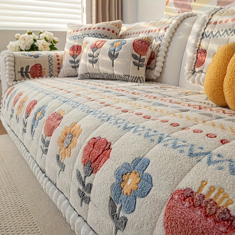 Bohemian Floral Plush Sofa Cover - Thick Milk Fleece Couch Protector for 1-4 Seater, Machine Washable Quilted Bohemian Floral Pattern with Decorative Pillow Covers, Warm & Cozy Sofa Cover for Living Room, Living Room Decor | Vibrant Sofa Accessory | Ruffl