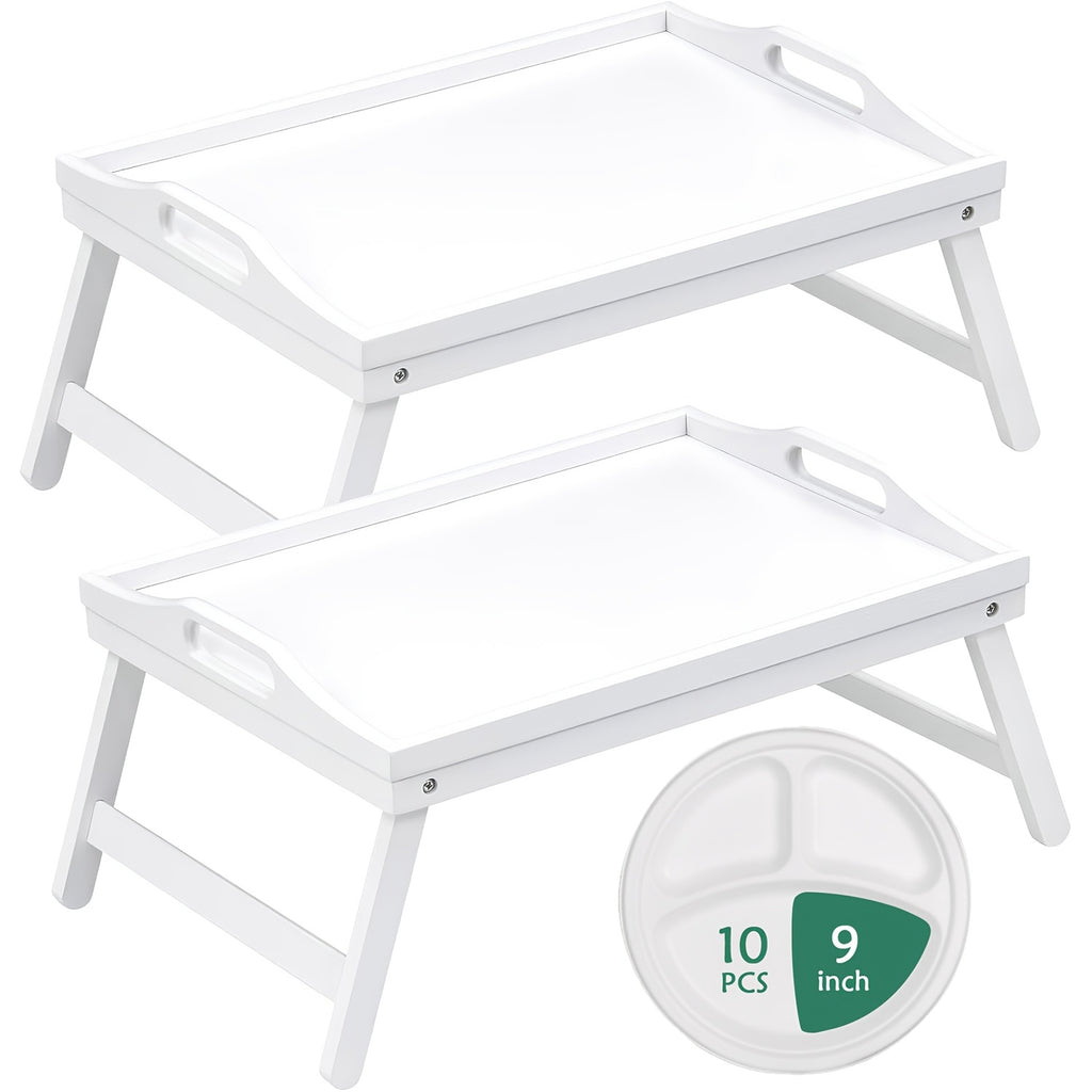 Bamboo Bed Tray Table with Foldable Legs - Breakfast Trays with Handles, Ideal for Eating, Working, Or Snacking - Durable And Stylish, Available In White, Black, Beige, And Brown, 1/2pcs