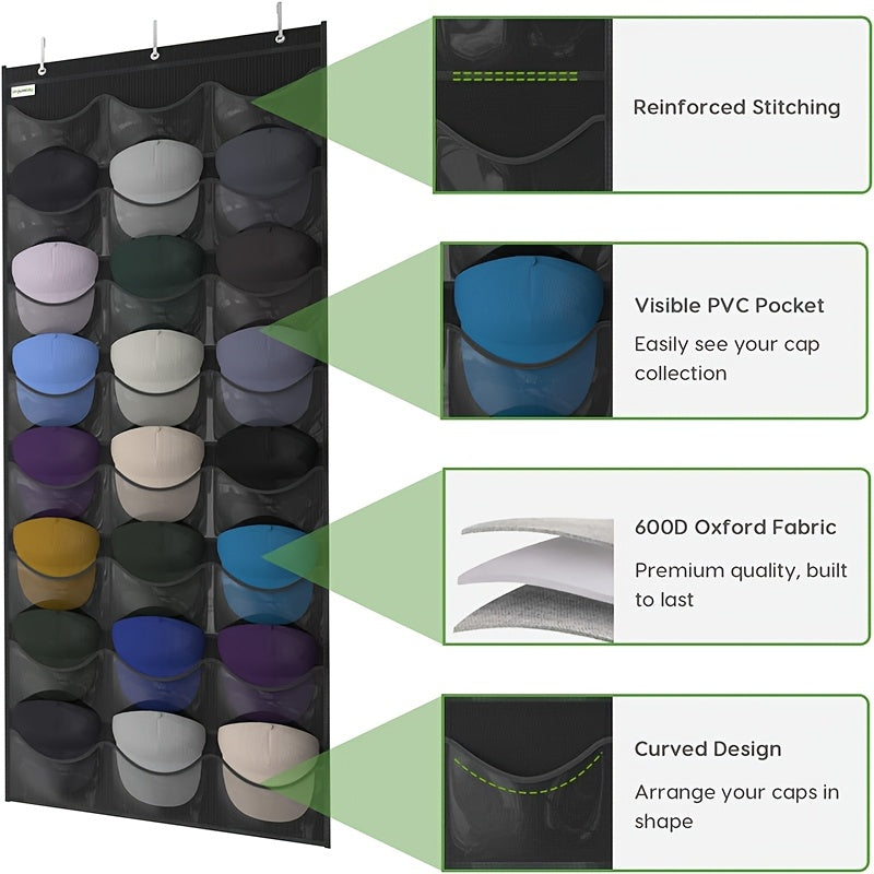 1 Baseball Cap Rack, 24 Pocket Over The Door Hat Organizer, Closet Hat Storage with Large Clear Pockets And 3 Hooks for Hat Protection And Display