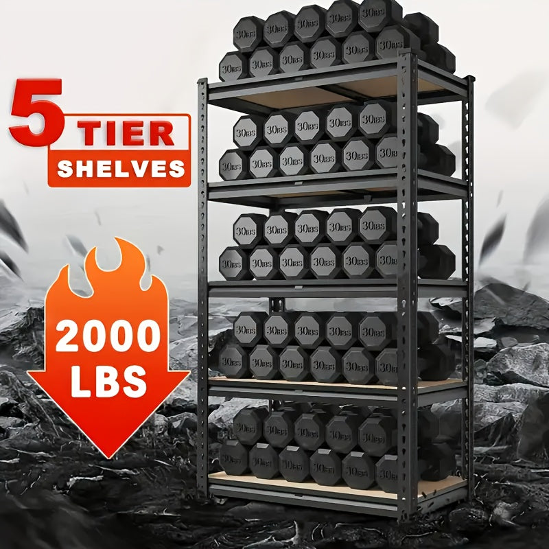 60/72in 1/2pcs Heavy-Duty Metal Shelving Unit 5-Tier 2000 Capacity, Adjustable for garage Storage Rack With Easy Assembly, Black Powder-Coated Frame &, Ideal For Garage, Basement, Pantry, Utility Shelves, for garage Shelving