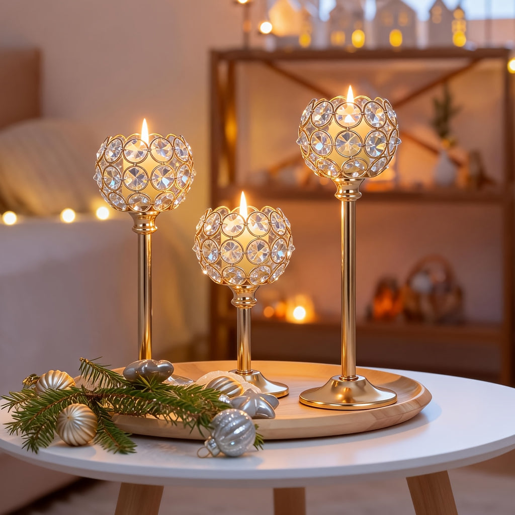 3pcs Crystal Candle Holder, Tabletop Polished Finish, Windproof Candle Holders for Home Decoration, Wedding Anniversary, Christmas Halloween Dinner Props, Birthday Gift, Family Theme Table Centerpiece