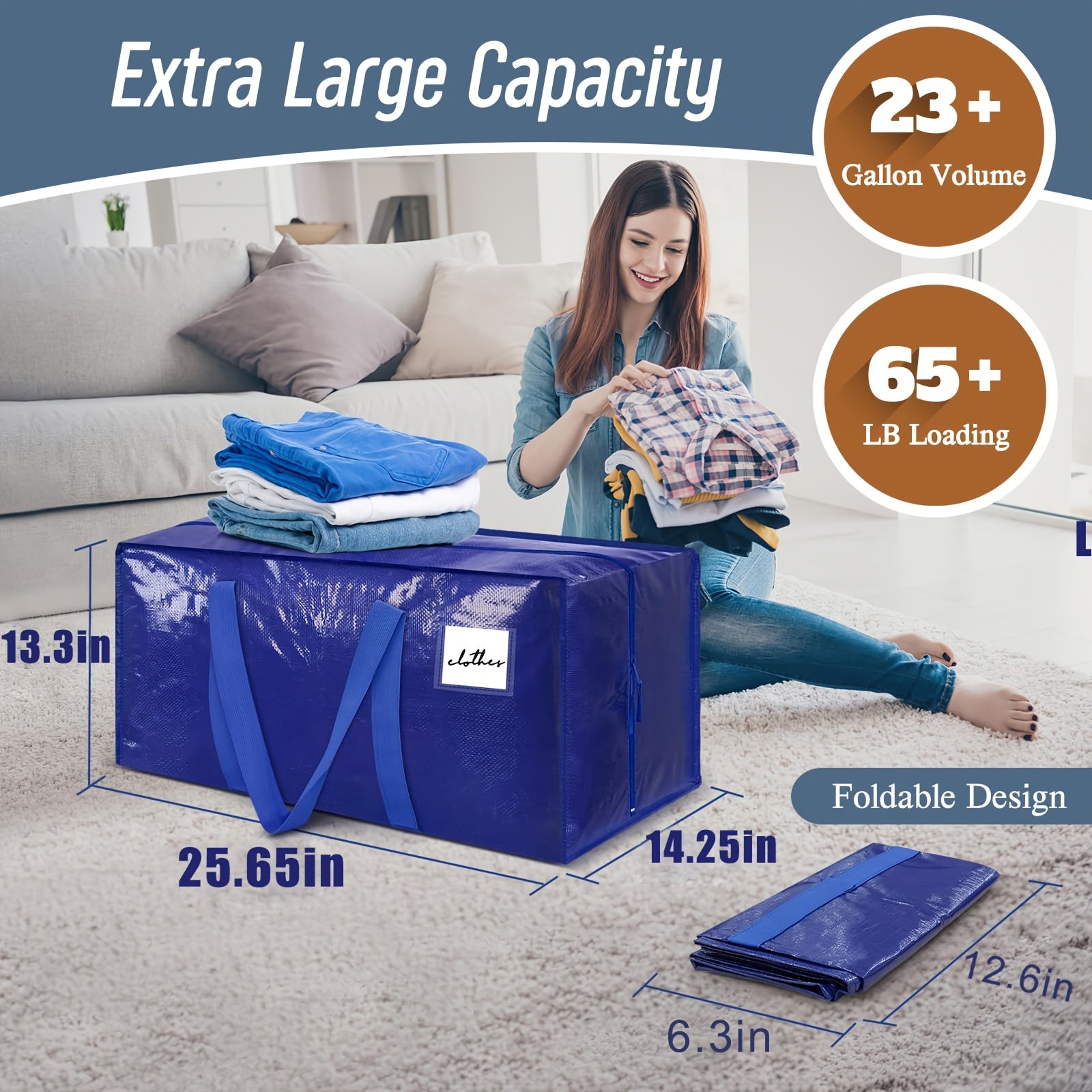 6/2 Pack Extra Heavy Duty Large Moving Bags With Strong Zipper & Comfortable Handles, Sturdy & Durable Clothes Storage Bags Totes Bins, Packing Moving Boxes For College Supplies, Blue