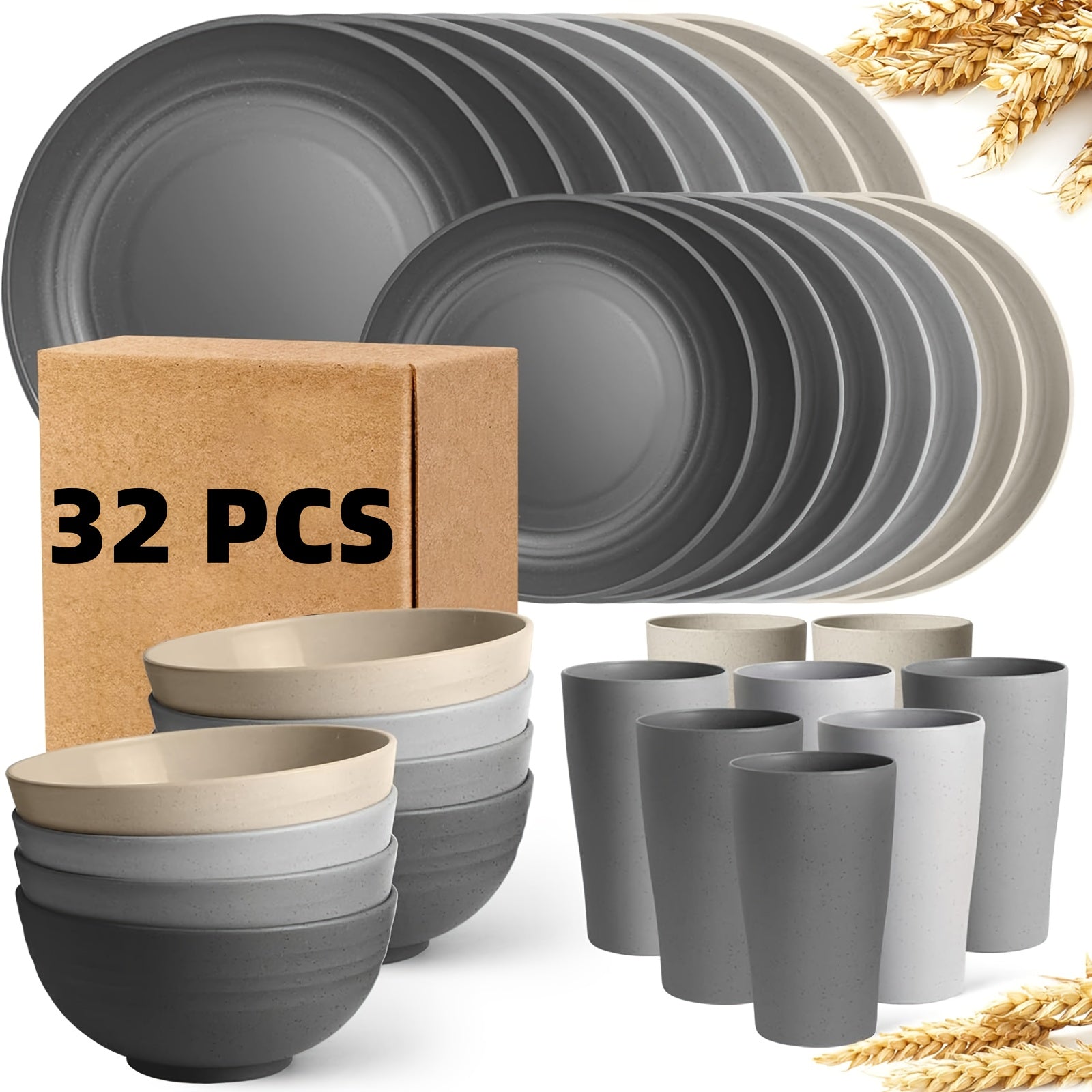 16pcs/32pcs Kitchen Wheat Straw Large Size Dinnerware Set, for 4/8, Unbreakable Modern Dish Set Dinner Plate/Dessert Plate/Cereal Bowl/Cup, Dishwasher Safe, Lightweight Tableware, Camping And Everyday Use, Gifts for Men/Women/Christmas/Halloween