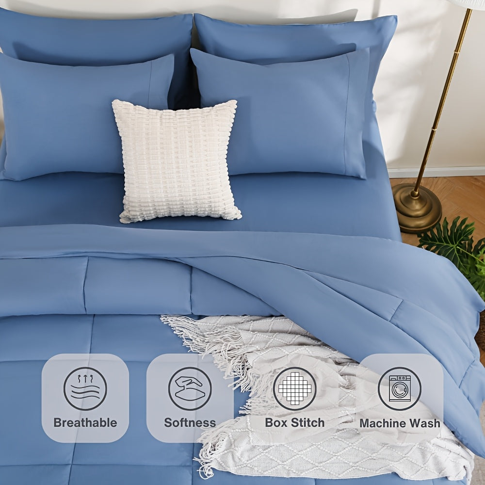 5/7pcs Queen Comforter Set - Bed In A Bag Set, Bedding Sets With Box Stitches All Season Quilted Comforter, Flat Sheet, Fitted Sheet, Pillowcases, Queen/King Available, Local Warehouse