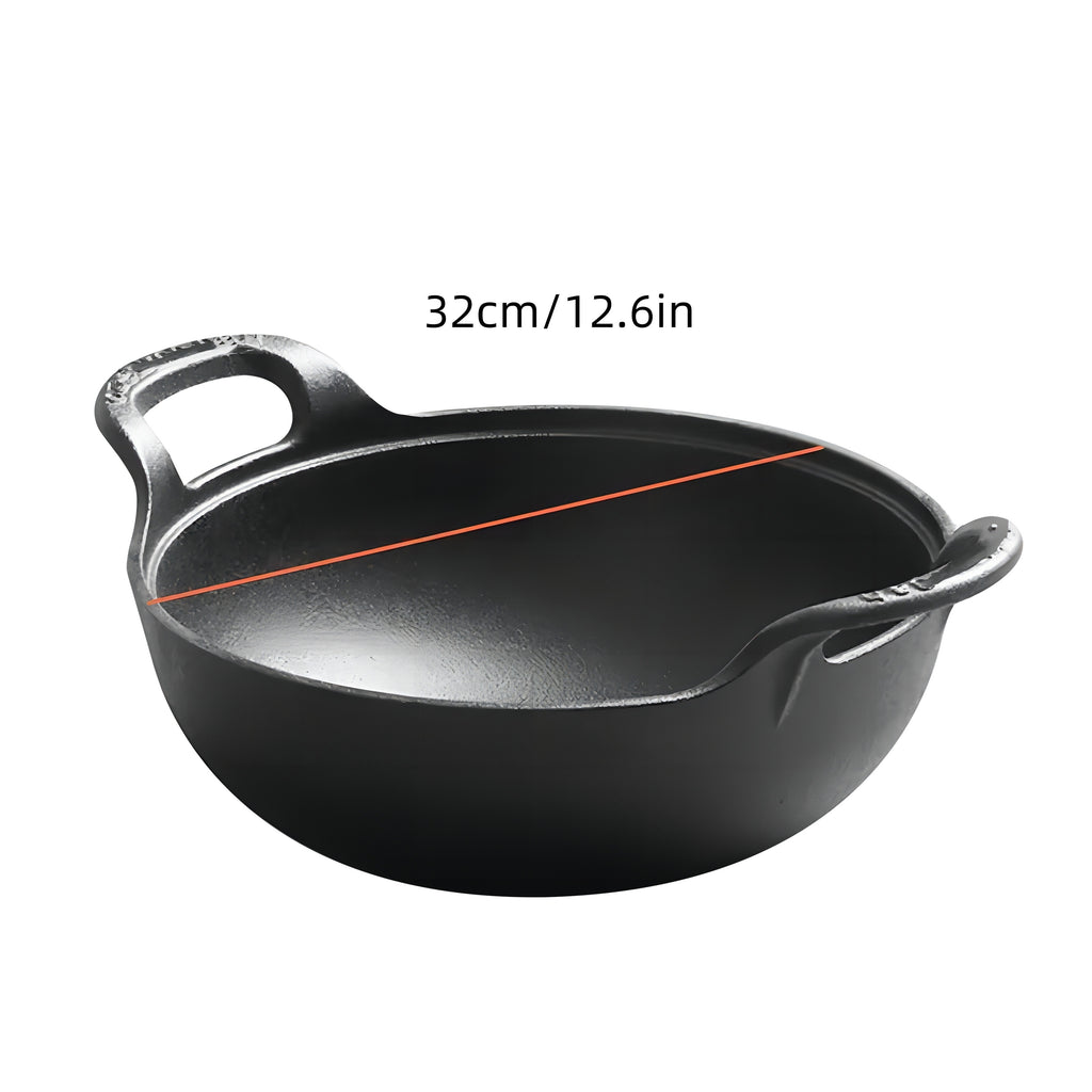 5 Sizes Cast Iron Wok, 7.87/ 9.84/ 10.62/ 11.81/ 12.59in Heavy-Duty Cast Iron Skillet, Traditional Uncoated Deep Stir-Fry Pan, Multi-functional Kitchen Cookware, Durable Cooking Pot with Dual Handles, Grilling Steaks & Baking, Ideal for Home, Outdoor