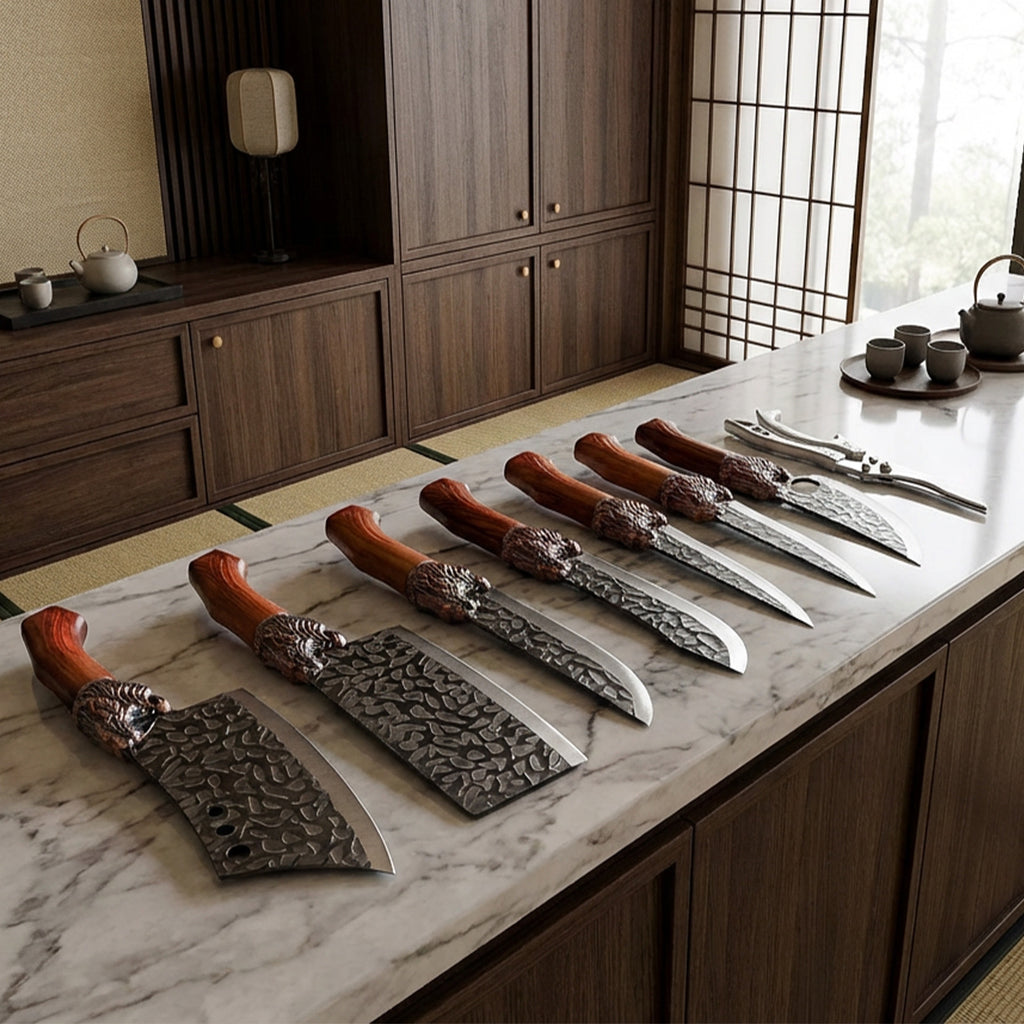 Professional Forged Stainless Steel Kitchen Knife Set(7pcs/6pcs)- Includes a Boning Knife, Slicing Knife, Carving Knife, Fish Knife, Butcher Knife, and Scissors. Suitable for Meat and Fish; Ultra-sharp and Durable Knives.