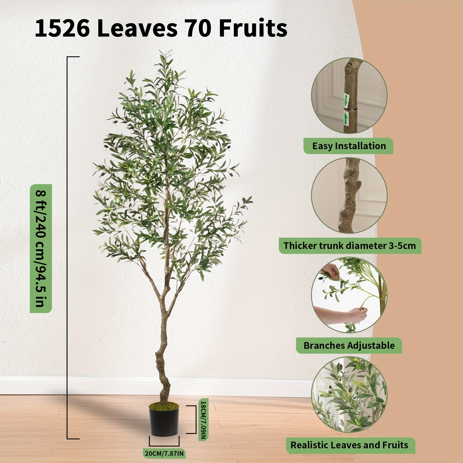 Artificial Olive Tree Indoor 5FT/6FT/7FT/8FT, Potted Tall Faux Olive Tree For Home Office Living Room Bathroom Bedroom Floor Fronted Door Decor, Large Fake Silk Olive Tree Plant With Lifelike Trunk Branch Fruits Leaves Outdoor Decor Accessories