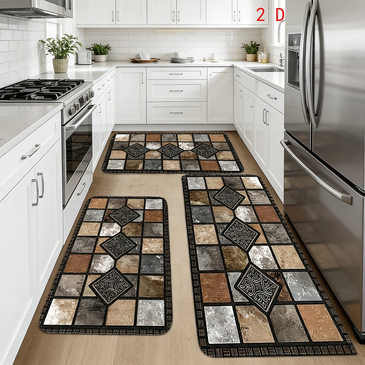 2D 3pcs Kitchen Mat Set, Classic Geometric Stone Mat, Retro Rural Style Mat, Farmhouse Kitchen Decoration, Soft And Comfortable, Suitable for Bedroom, Living Room, Dining Room, Kitchen, Bathroom, Gift for Friend, Kitchen Accessorie, Halloween