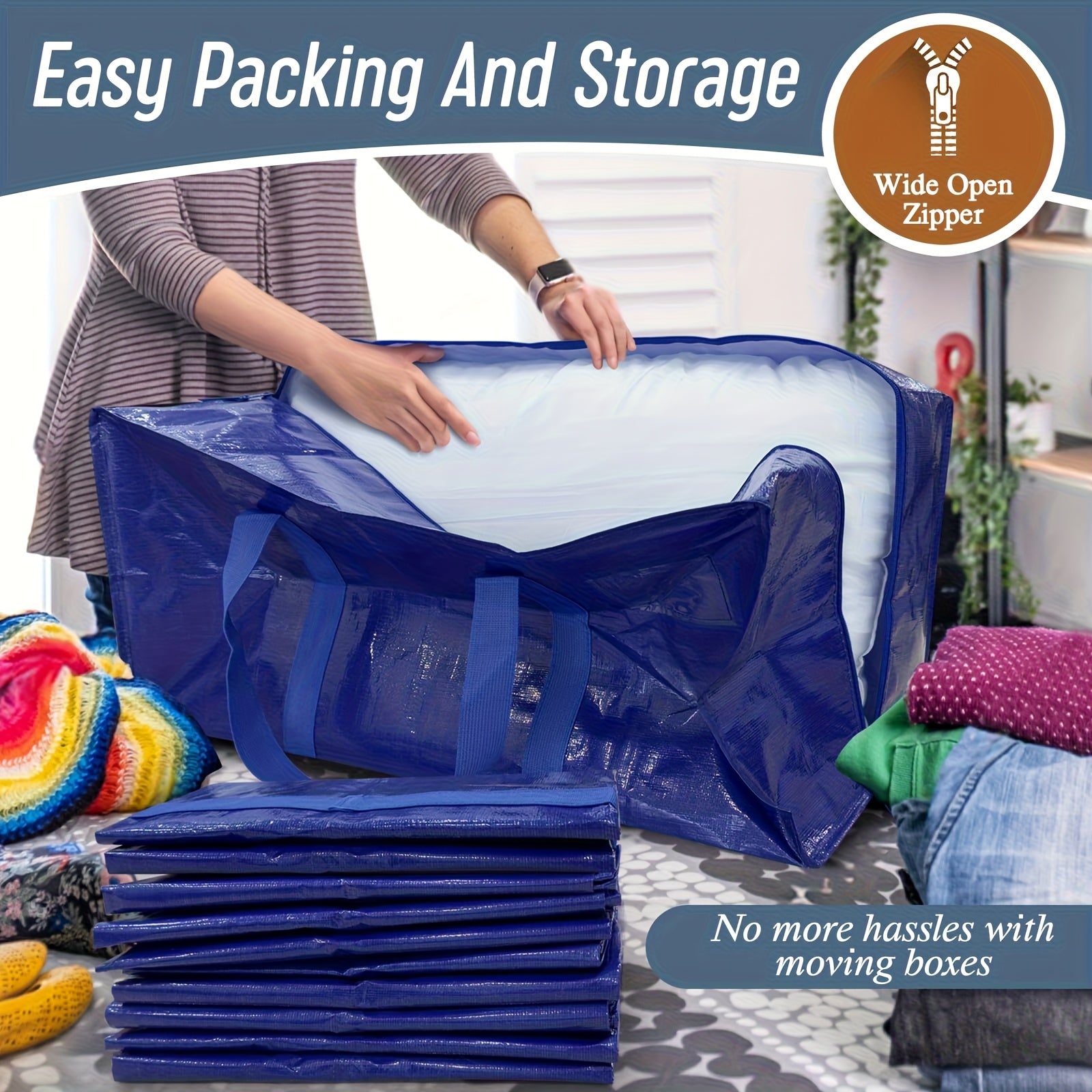 6/2 Pack Extra Heavy Duty Large Moving Bags With Strong Zipper & Comfortable Handles, Sturdy & Durable Clothes Storage Bags Totes Bins, Packing Moving Boxes For College Supplies, Blue