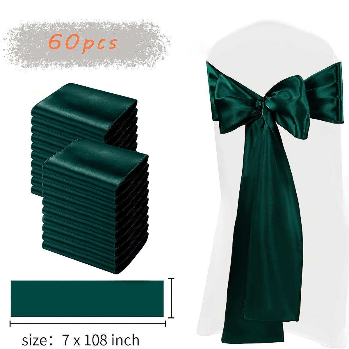 60pcs Satin Chair Sashes - 7x108 Inch Decorative Bows for Wedding, Christmas, Thanksgiving Banquet Party, Graduation & Outdoor Events (Multiple Colors)