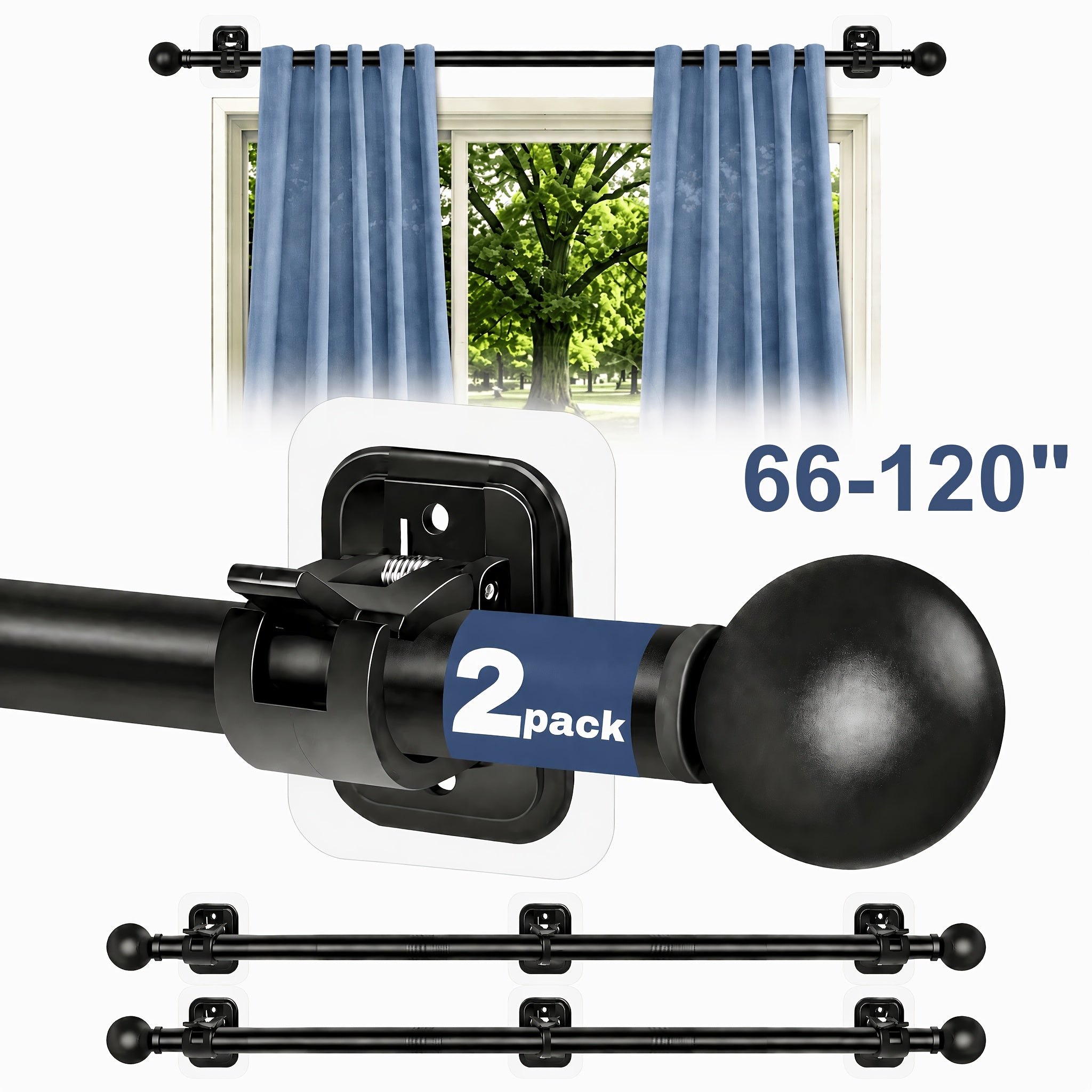Curtain Rods No Drilling for Windows, 5/8 Inch Diameter Drapey Pole with No Drill Curtain Rod Brackets (2pcs Black)