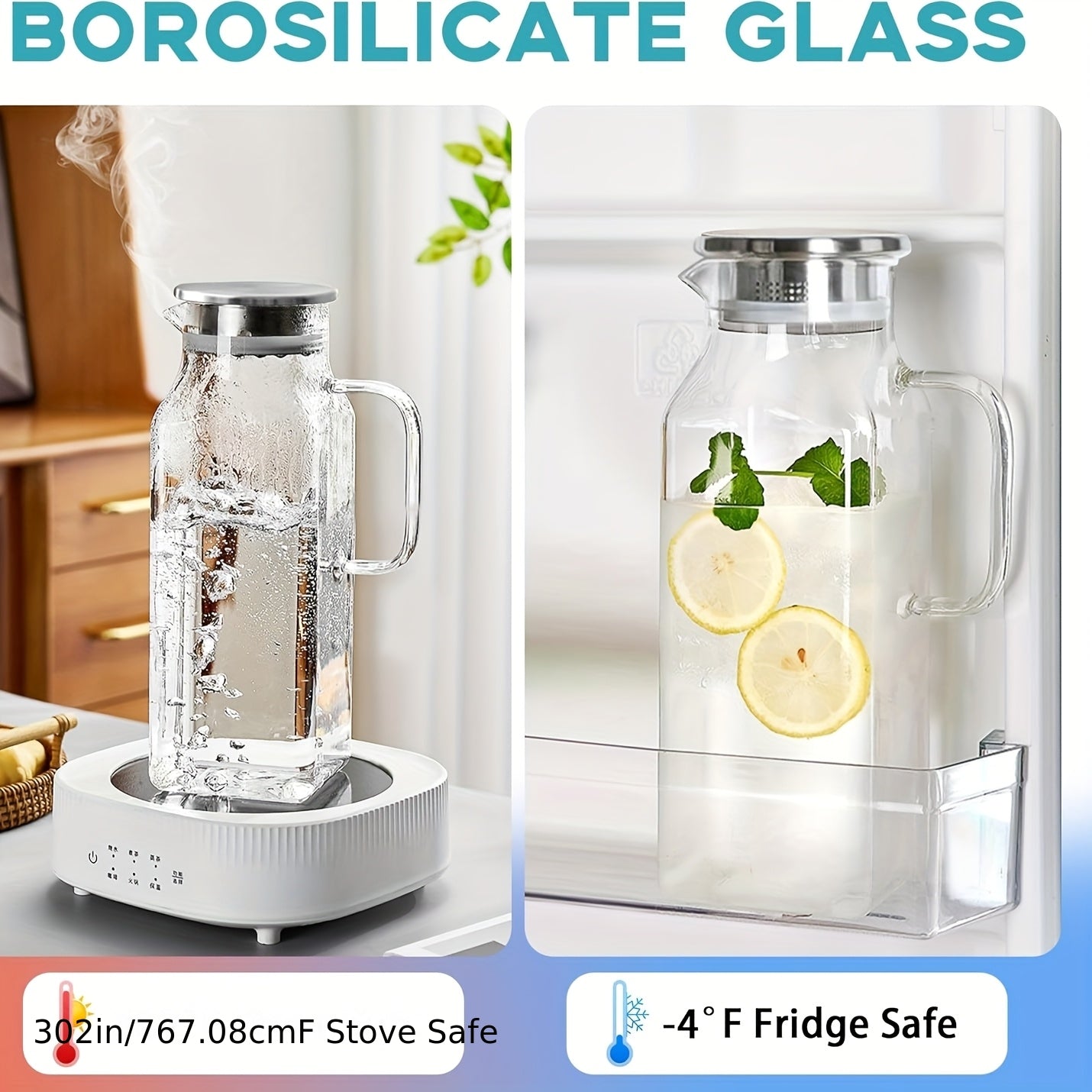 1/2 Pack 2 Liters/68 Oz Square Glass Pitcher With Lid And Handle For Fridge, Iced Tea And Coffee Carafe Beverage Serveware, Heat Resistant Borosilicate Water Jug For Hot/Cold Drinks And Milk