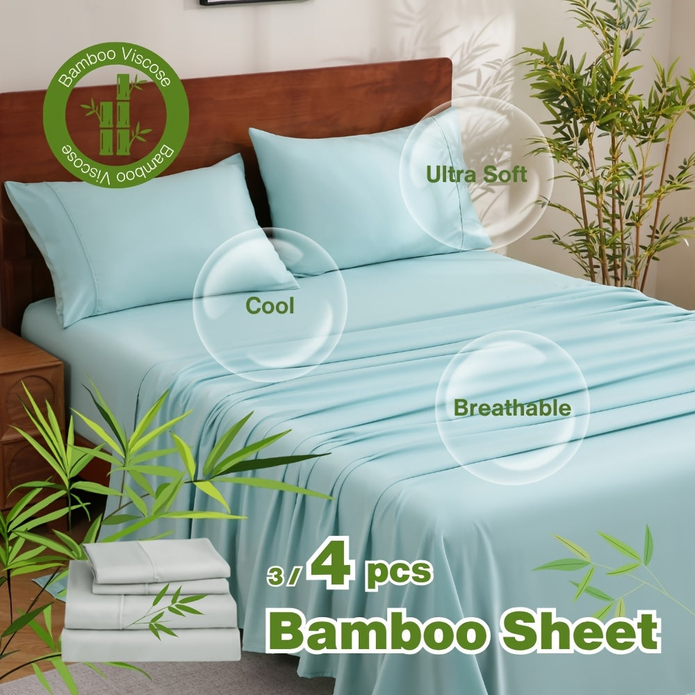 4pcs Cooling Bamboo Bed Sheet Set, 2000 TC Extra Deep Pocket 16 Inch Bed Sheet, Luxury Soft Hotel And Cooling Sheet Set for Hot Sleepers, Wrinkle And Shrink Resistant, Fitted Sheet, Flat Sheet And Pillowcases, Twin/Full/Queen/King FAST DELIVERY