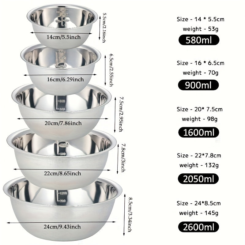 5pcs Stainless Steel Mixing Bowls Stainless Steel Mixing Bowl Set - Easy to Clean, Nesting Bowls for Space Saving Storage, Great for Cooking, Baking, Prepping