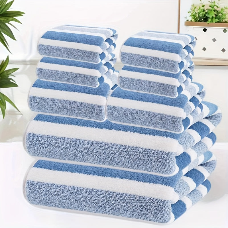 8pcs Lint-Free Super Absorbent Soft Five-Star Hotel Standard Two-Color Striped Spaced Bath Towel Set, Including 2 Large Bath Towels, 2 Medium Bath Towels And 4 Small Bath Towels