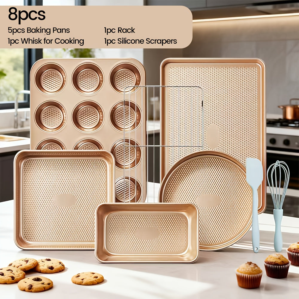 2/6/7/8/11/12/16/18pcs Nonstick Baking Pans Set Kitchen Baking Sheets Oven Bakeware Sets Round/Square Cake Pan Muffin Pan, Loaf Pan, Roast Pan, Cookie Sheet Baking Supplies Grey Measuring Spoon, Scraper, Rack, Whisks, Bread Bag, Muffin Cups, Spatulas