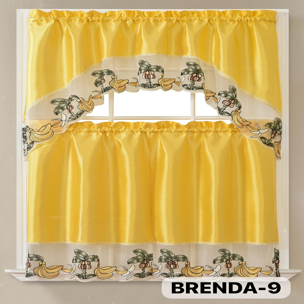 3pcs Embroidery Kitchen Curtains Set Flowers Embroidery Satin Fabric Faux Lightweight Soft Easy Care Machine Washable 49 Design Styles Available Holiday Gifts for Family Local Warehouse All Season Use Summer