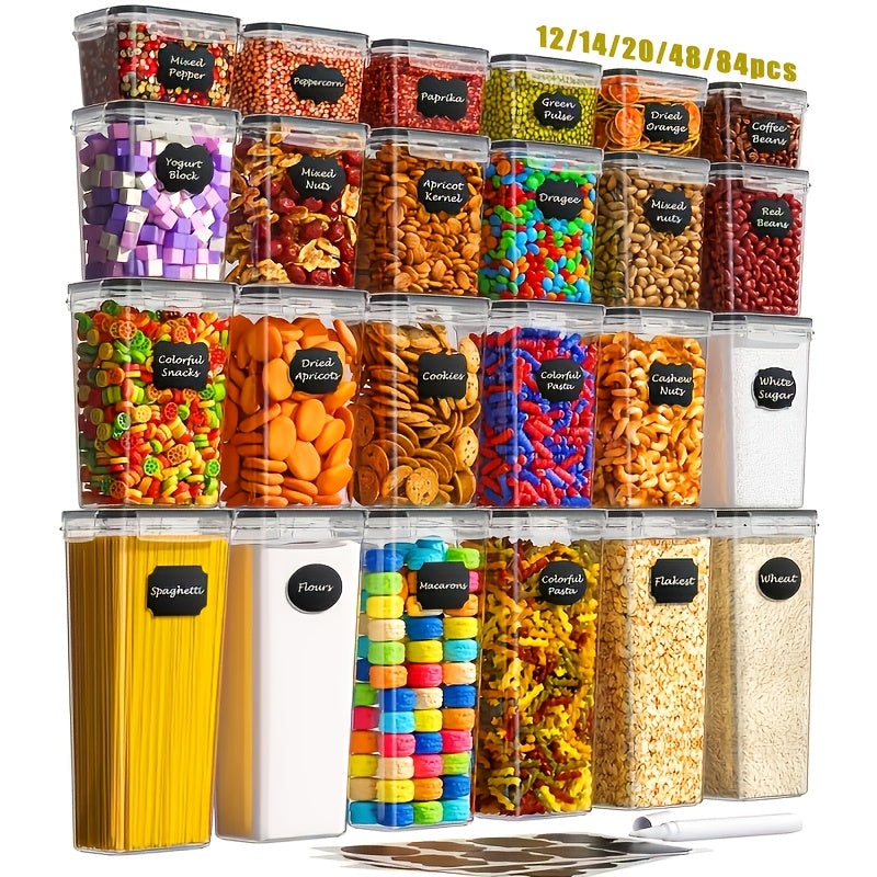 12/14/20/48/84pcs Food Storage Container Set, Fresh-Keeping Boxes, Easy-to-Secure Lids - Airtight Plastic Containers, Suitable For Pantry, Travel, Outdoor Picnics, Kitchen Organization, Comes With Labels And Marker(6/7/10/24/42 Lids+Containers)