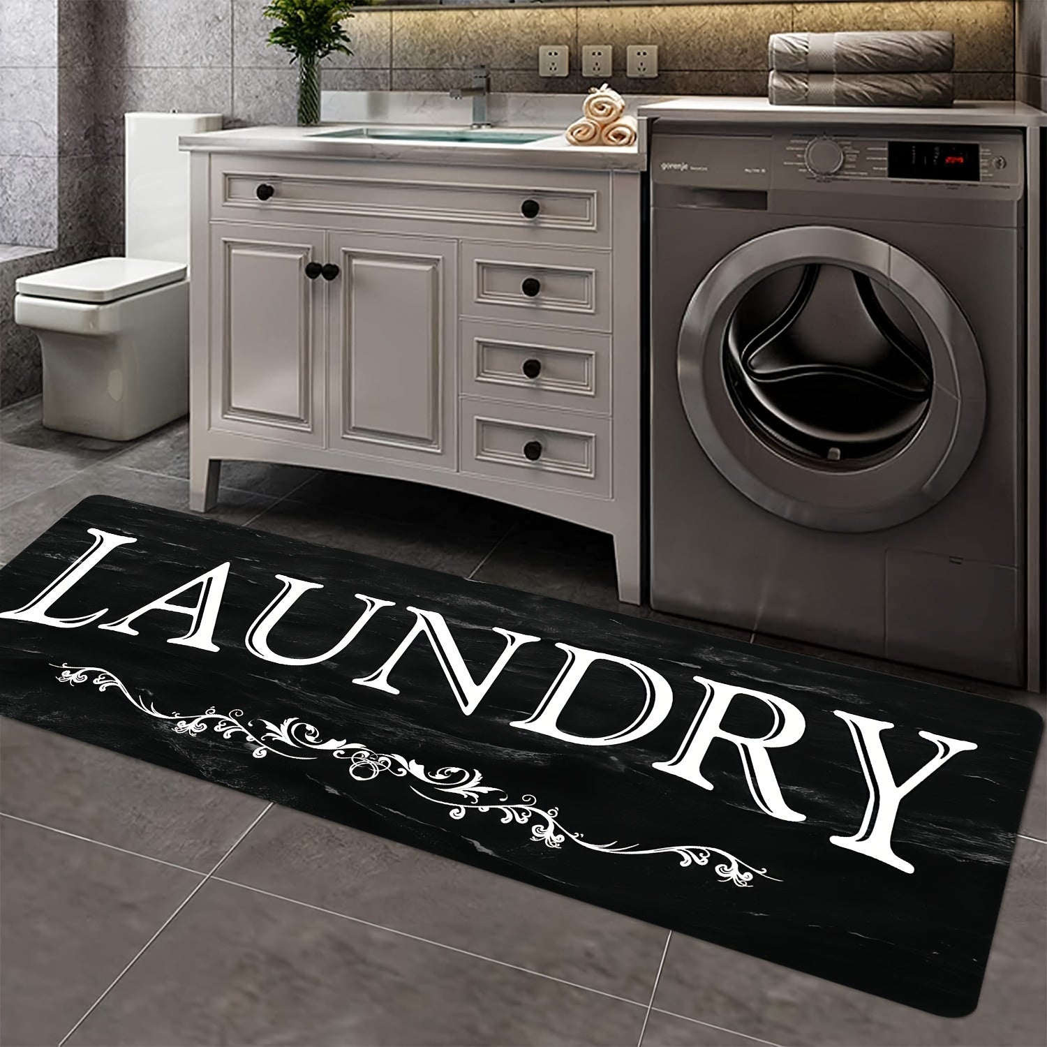 1pc Black & White "LAUNDRY" Text Mat - High Quality Non-Slip Machine-Washable Mat, Soft Comfortable Floor Mat with Bold Lettering for Laundry Room, Bathroom, Kitchen, Hallway - Durable Polyester Mat for Home Organization & Modern Decor, Bathroom Mat, Kitc