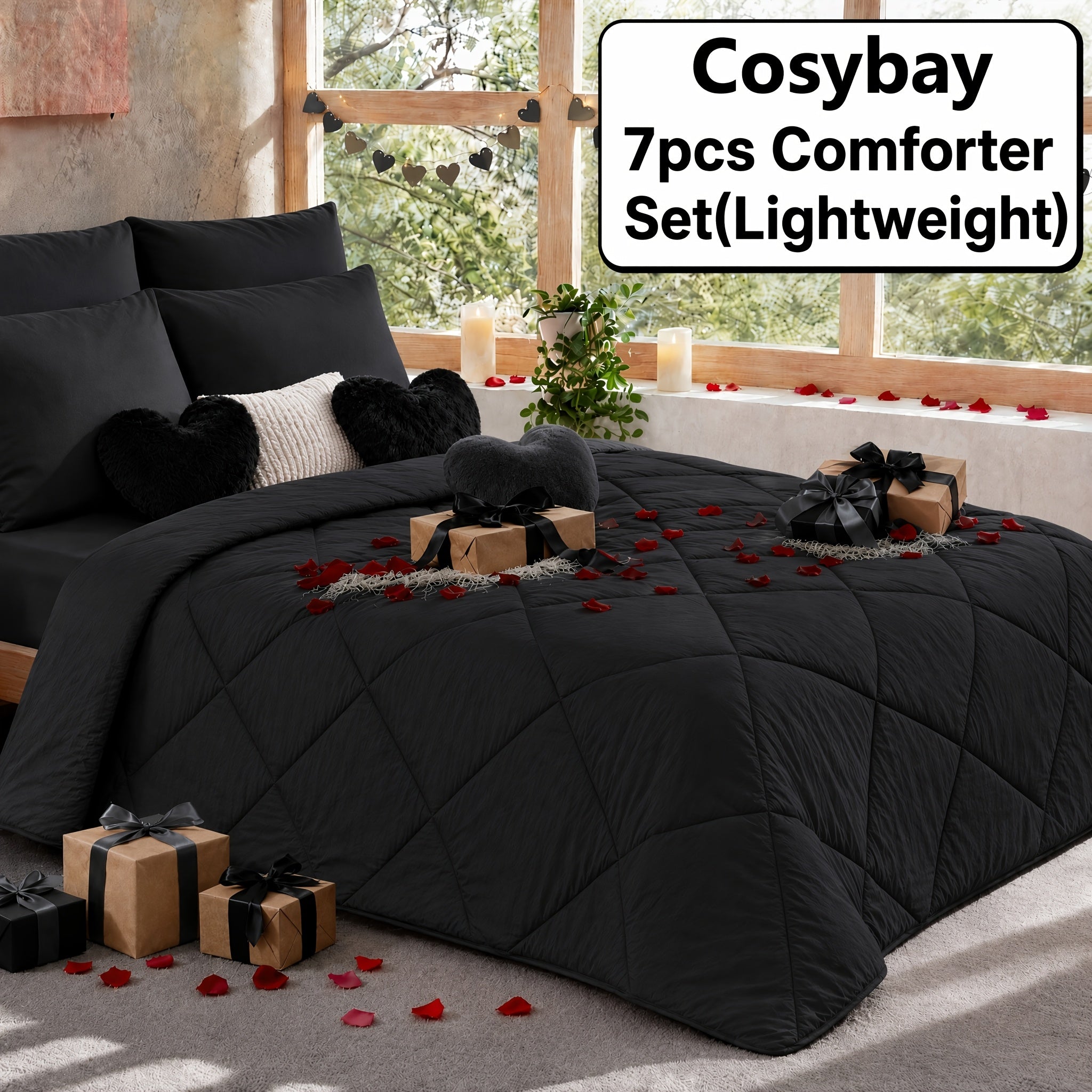 Cosybay 7PC Comforter Set-Luxury Soft Fluffy Pinch Pleated Bedding with 1 Comforter, 1 Fitted Sheet, 1 Flat Sheet, And 4 Pillowcases & Pillow Cover-All Season Quilte Set Queen, Hypoallergenic, Breathable, Easy Care,valentine's Day Gifts,school