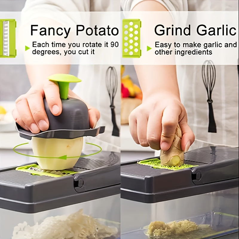 22-in-1 Pro Vegetable Chopper: Multifunctional Food Slice Crusher Dicer Cutter with 14Blades, with Grey Vegetable Drain Basket, Convenient for Cutting Food In The Kitchen And Storing Food In The Refrigerator