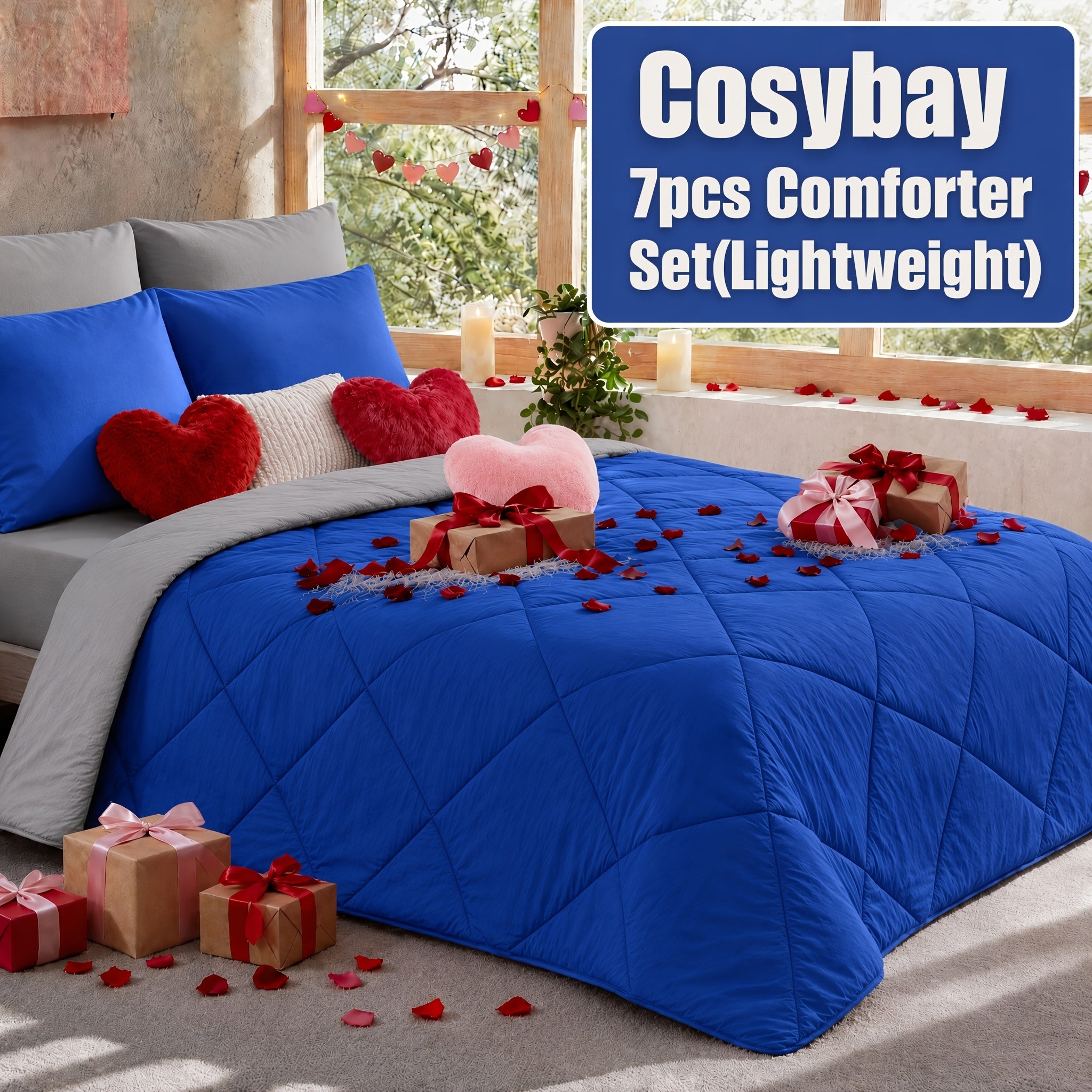 Cosybay 7PC Comforter Set-Luxury Soft Fluffy Pinch Pleated Bedding with 1 Comforter, 1 Fitted Sheet, 1 Flat Sheet, And 4 Pillowcases & Pillow Cover-All Season Quilte Set Queen, Hypoallergenic, Breathable, Easy Care,valentine's Day Gifts,school