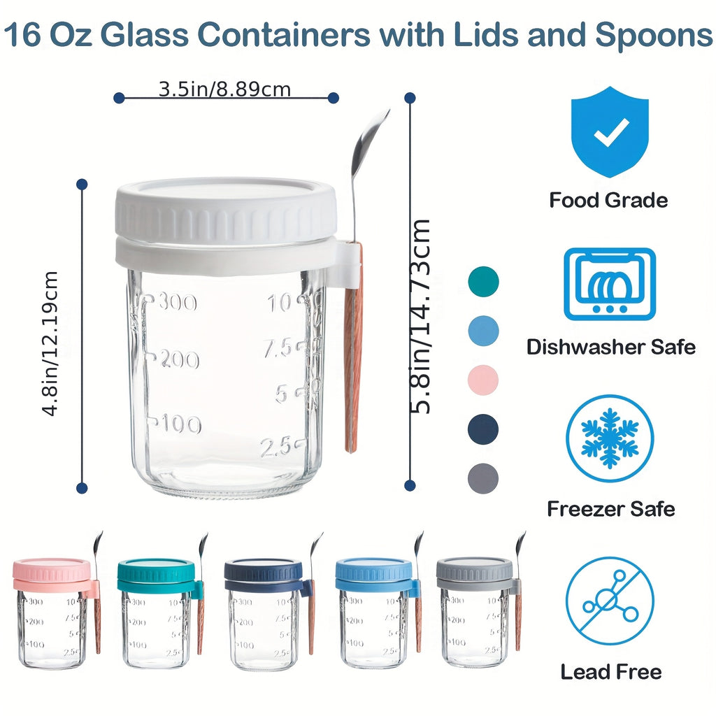 4/6pcs(16oz), 8pcs(4pcs 16oz+4pcs 4oz), 12pcs(6pcs 16oz + 6pcs 4oz), Overnight Oats Containers with Lids And Spoons, Glass Mason Overnight Oats Jars, Large Capacity Airtight Jars for Milk, Cereal, Fruit