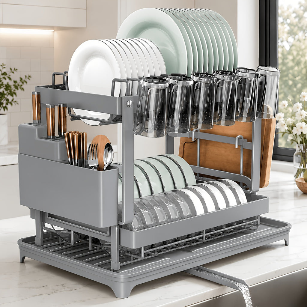 Two-Level Dish Drying Rack For Kitchen Surfaces, Kitchen Organizers And Storage, Dish Drainer With A Drainboard, Kitchen Accessories, Metal Kitchen Dish Holder With Drainage, Two-Tier Kitchen Drying Rack, Black Dish Holders