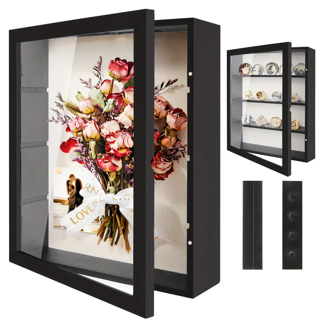 Large 11x14 Country Memory Display Box for Flowers, Pictures, Championship Rings, Medals, Coins, and Pin Collections - Includes 4 Removable Shelving Shadow Box Frames with Linen Back