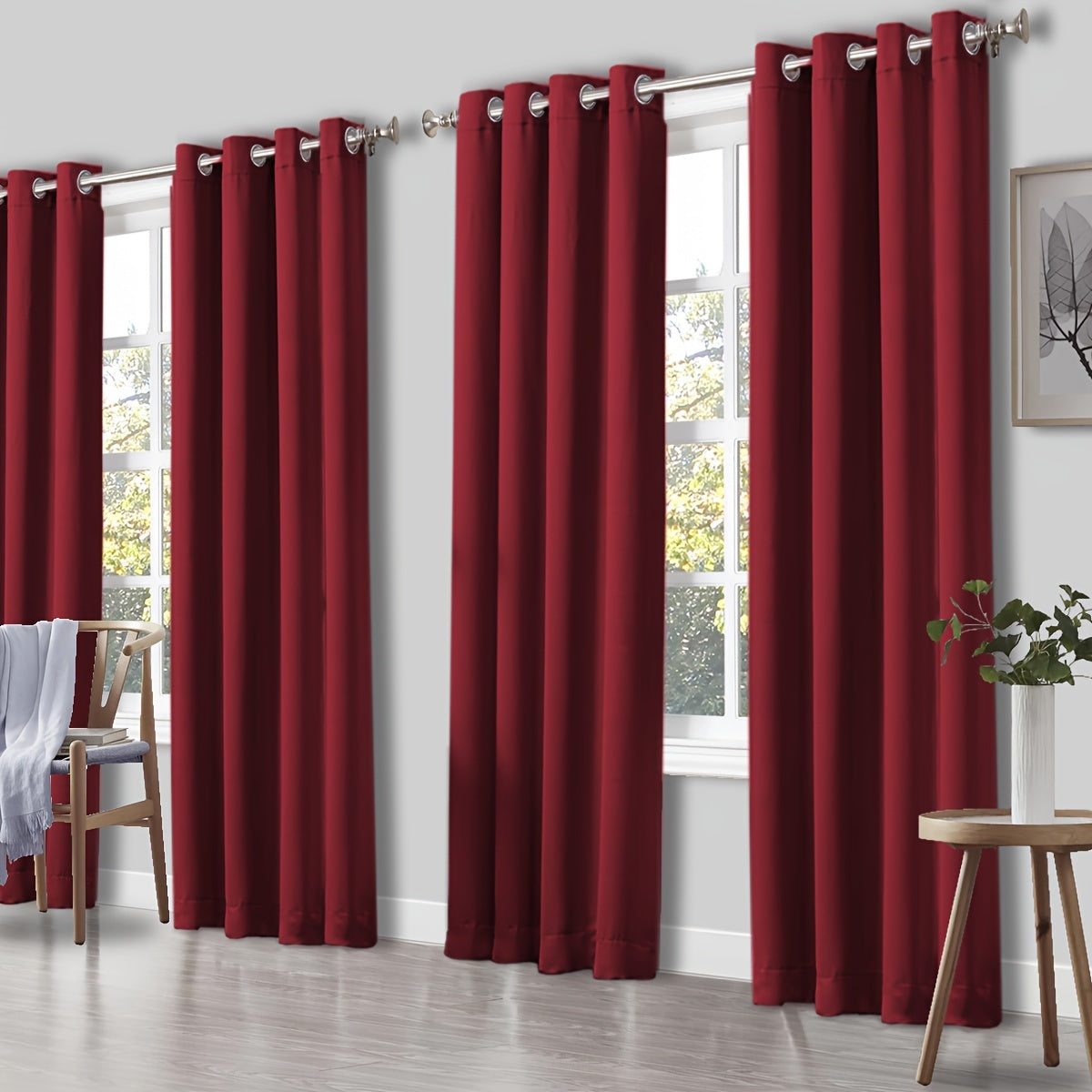 4 Panels Thermal Insulated Blackout Curtains - Triple Weave Thermal Insulation & Light Blocking, Solid Grommet Top, Polyester/ Linen-like Fabric, Deep Red for Bedroom, Living Room, Office - Window Drapes for Complete Darkness & Comf