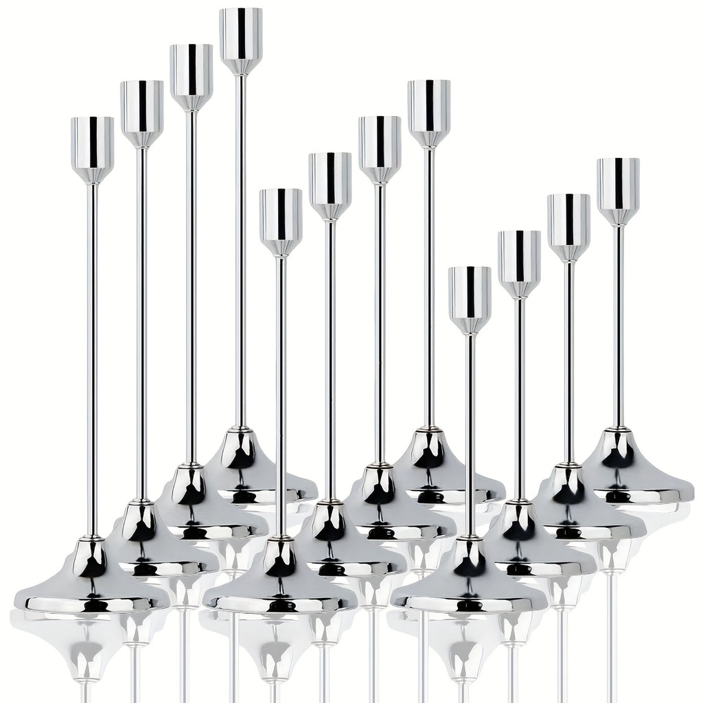 12-Piece Elegant Metal Candle Holders - Modern Tapered Design with Polished Golden Finish, Versatile Tabletop Decor for Christmas, Halloween, Weddings, Anniversaries, Home & Hotel Centerpieces (Candles Not Included)