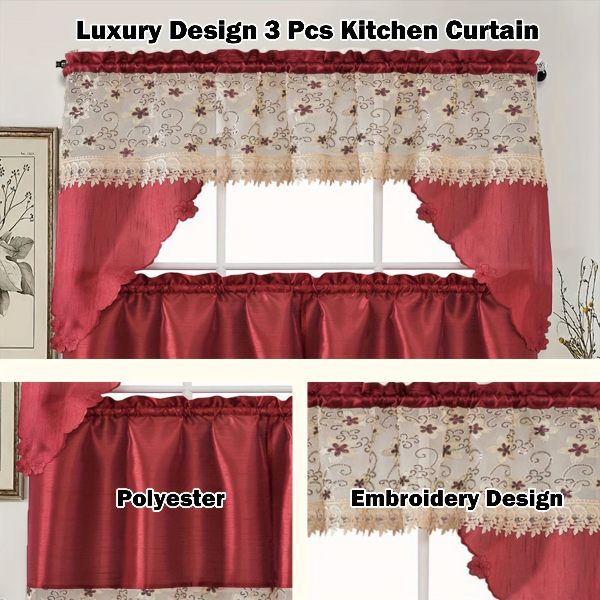 3pcs Embroidery Kitchen Curtains Set Flowers Embroidery Satin Fabric Faux Lightweight Soft Easy Care Machine Washable 49 Design Styles Available Holiday Gifts for Family Local Warehouse All Season Use Summer