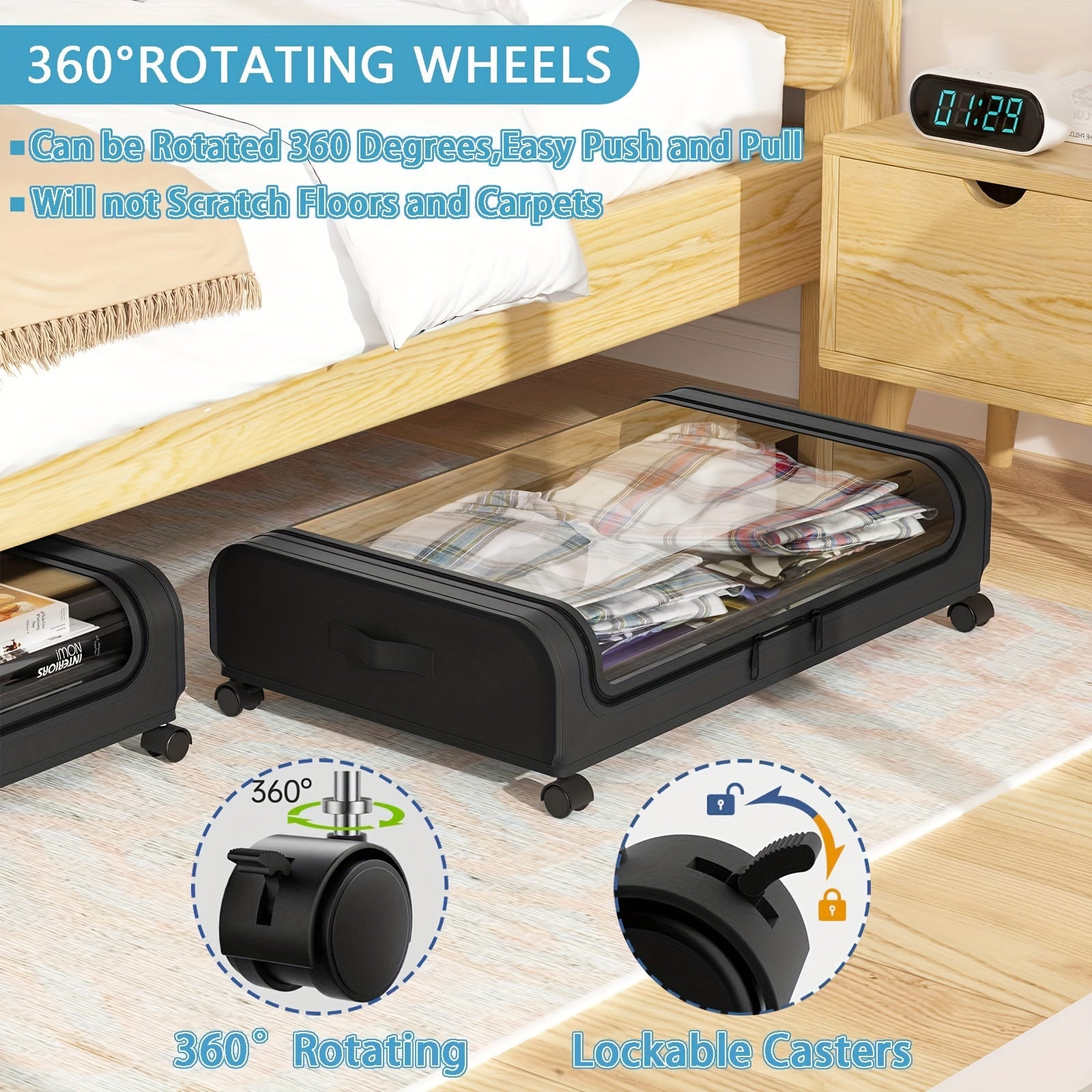 Underbed Storage with Wheels, 2-Pack XXL Large 18.49gal Underbed Storage Containers, Under Bed Organizer for Bedroom Dorm, Under Bed Rolling Storage for Clothes, Bedding, Shoes, Blankets, Books, Under-Bed Storage Organizer for Bedroom Dorm