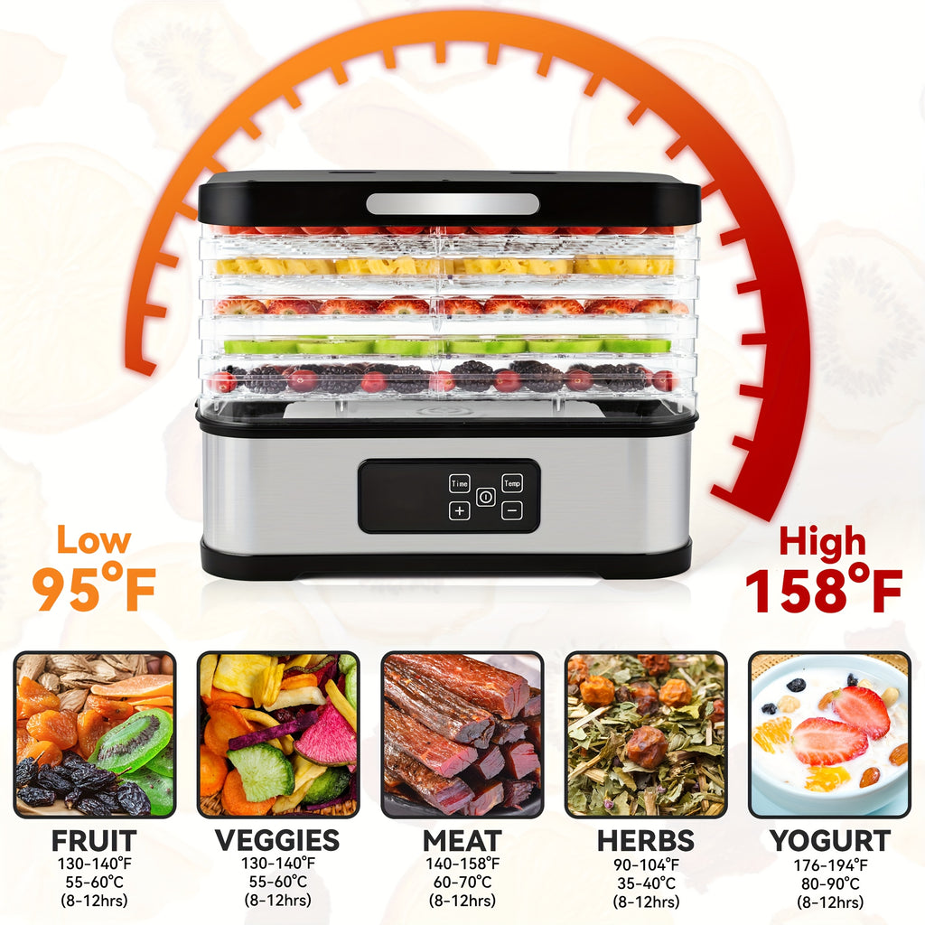 5-Tray Food Dehydrator Machine with Digital Thermostat & Timer, Stainless Suitable for Jerky, Fruits, Herbs, Veggies, Yogurt, Pet Treats - Trays, Energy-Saving, Ultra-Quiet Operation for Home Kitchen, RV, Camping, Gifts