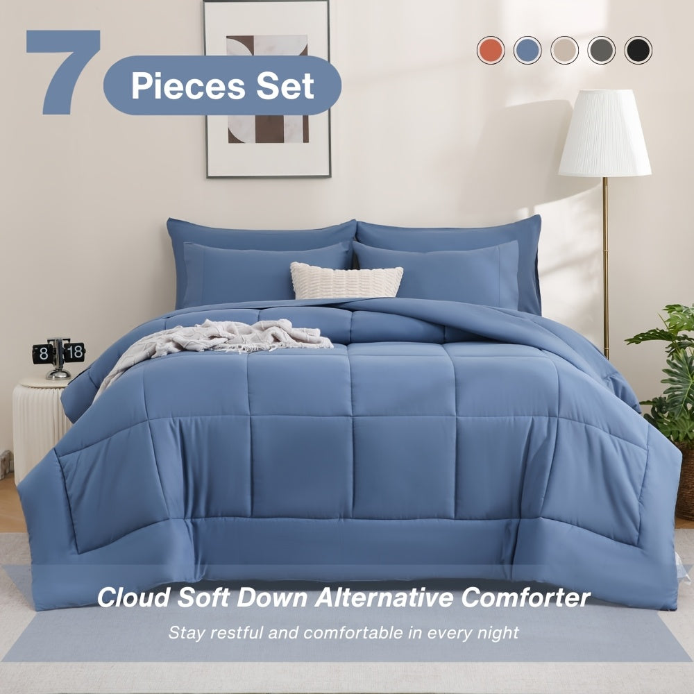 5/7pcs Queen Comforter Set - Bed In A Bag Set, Bedding Sets With Box Stitches All Season Quilted Comforter, Flat Sheet, Fitted Sheet, Pillowcases, Queen/King Available, Local Warehouse