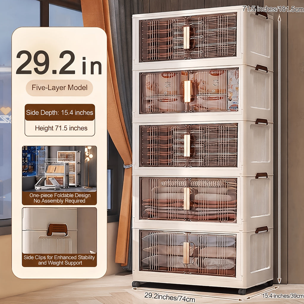 29.2In Folding Storage Cabinet, 3/4/5-Tier Extra Large Plastic Storage Bins with Lids, Foldable Stackable Storage Organizer with Wheels for Home, Office, Kitchen, Bathroom And Garage