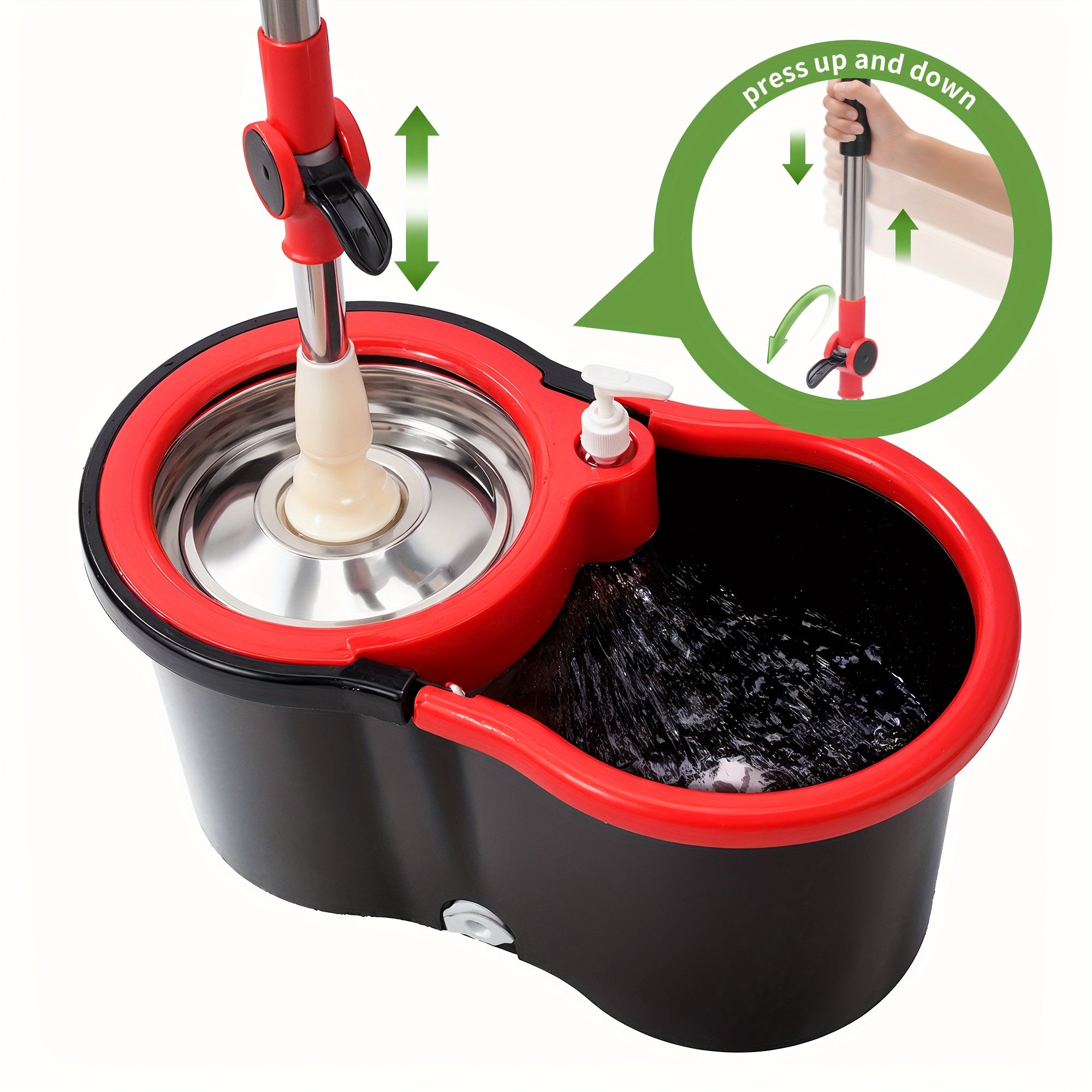 Set of Spin Mop And Bucket, Designed for Bathroom Use, Suitable for School Restrooms, Featuring a 360° Spinning Mop Bucket System That Includes Three Microfiber Mop Replacement Heads And an Adjustable Handle for Effective Floor Cleaning