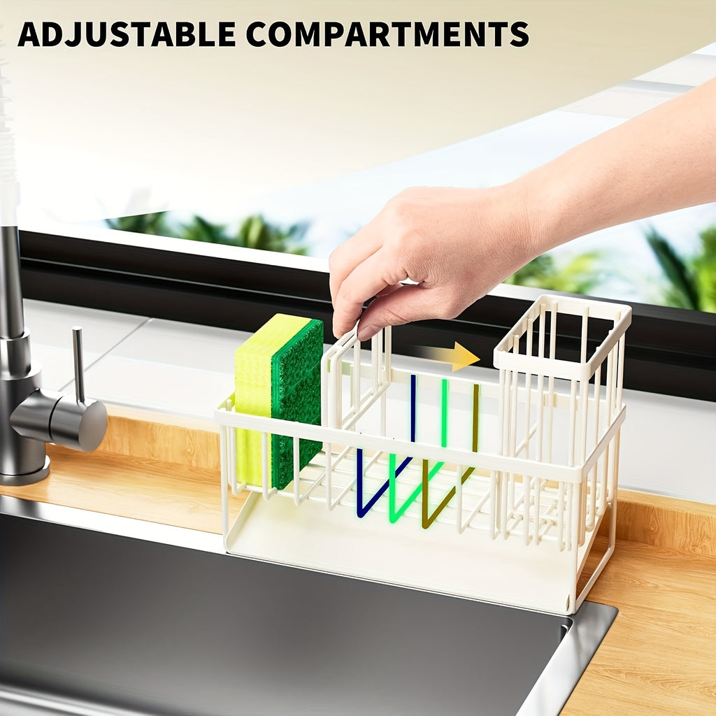 Durable Stainless Steel Kitchen Sink Organizer with Drain Tray - Heavy Duty 304 Rust-Proof Black Sink Storage Basket, Versatile Sponge And Brush Holder, Space-Saving Dish Rack Accessory for Sink And Countertop Without Dishwasher