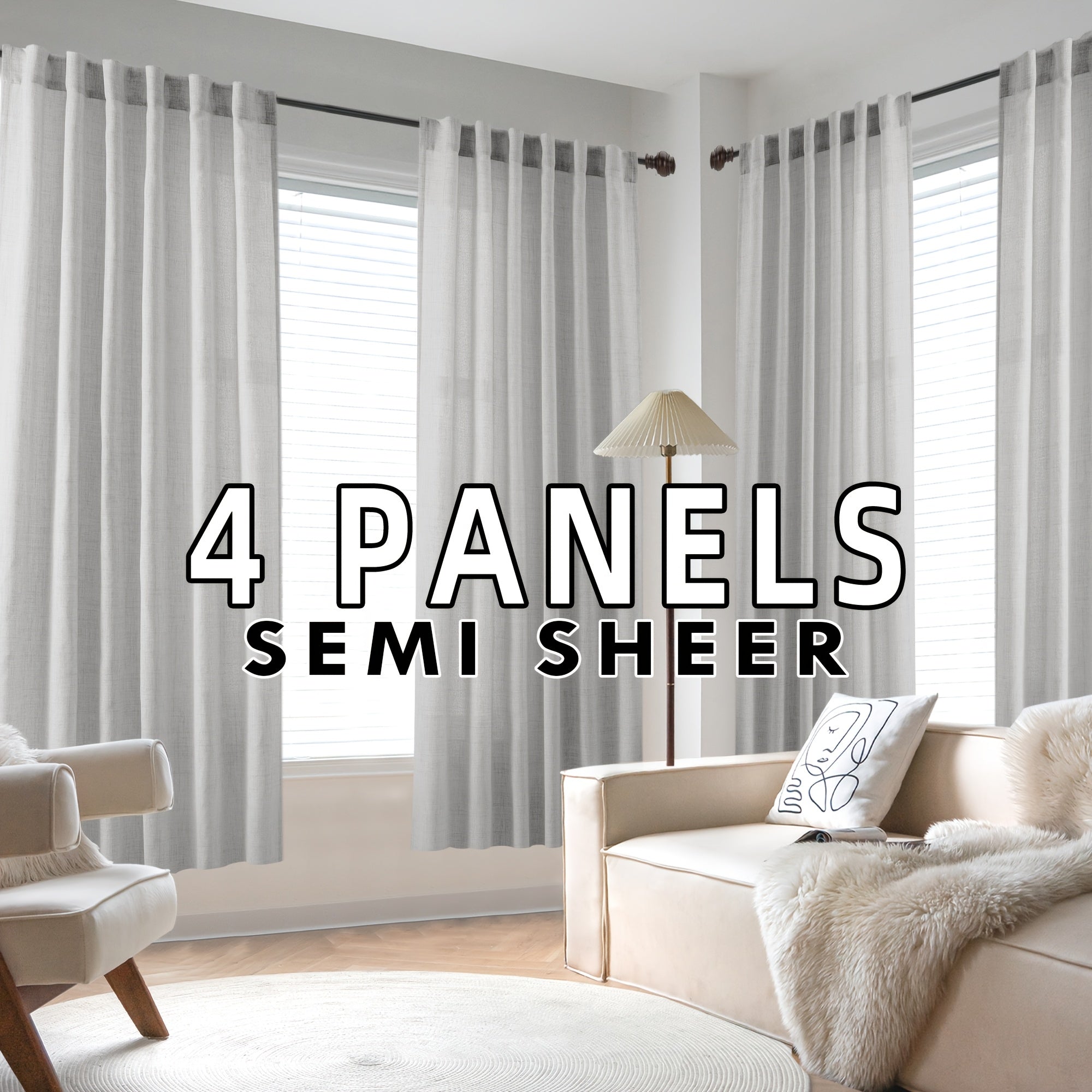 4 Panels Natural Linen Curtains for Living Room Semi Sheer Farmhouse Real Flax Rod Pocket Back Tab Boho Rustic Light Filtering Window Drapes for Bedroom Privacy Assured